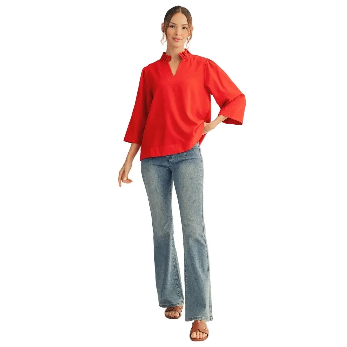 Women's Jodifl Red Ruffled Neck Crinkle Solid Top B13513-RED