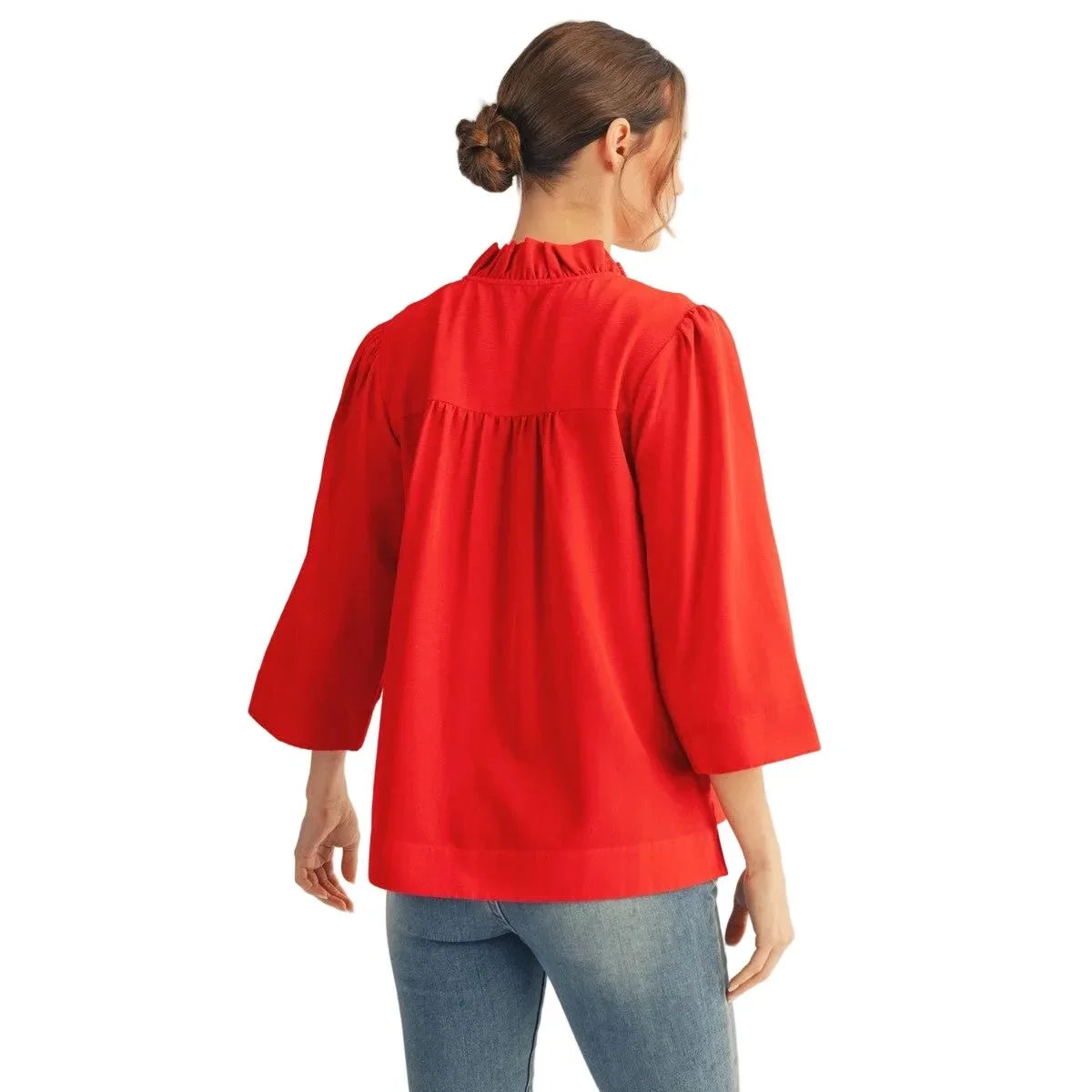 Women's Jodifl Red Ruffled Neck Crinkle Solid Top B13513-RED