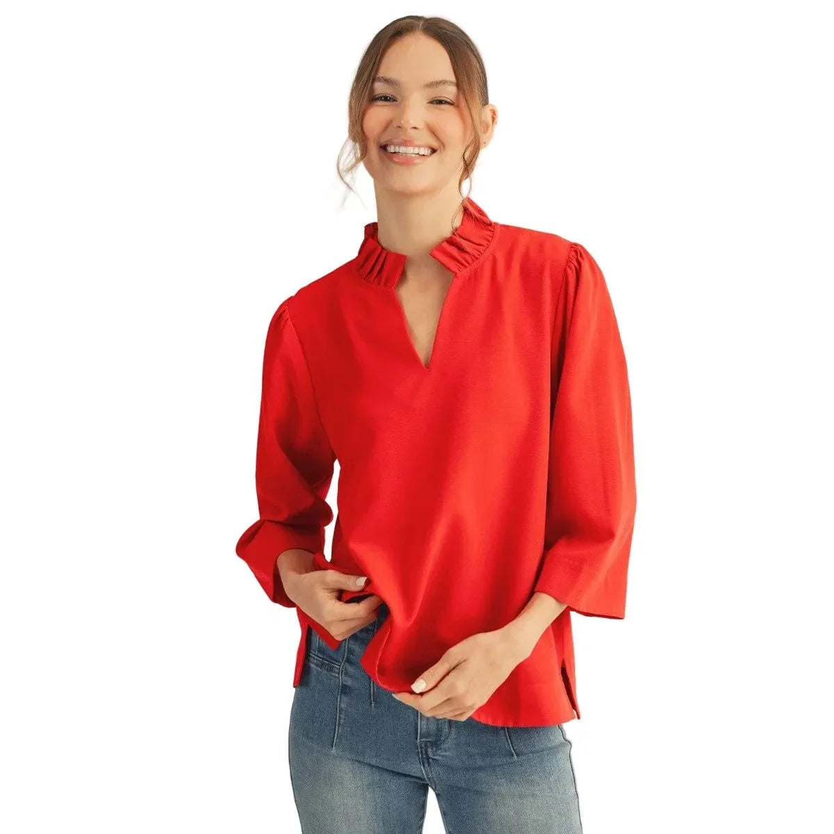 Women's Jodifl Red Ruffled Neck Crinkle Solid Top B13513-RED