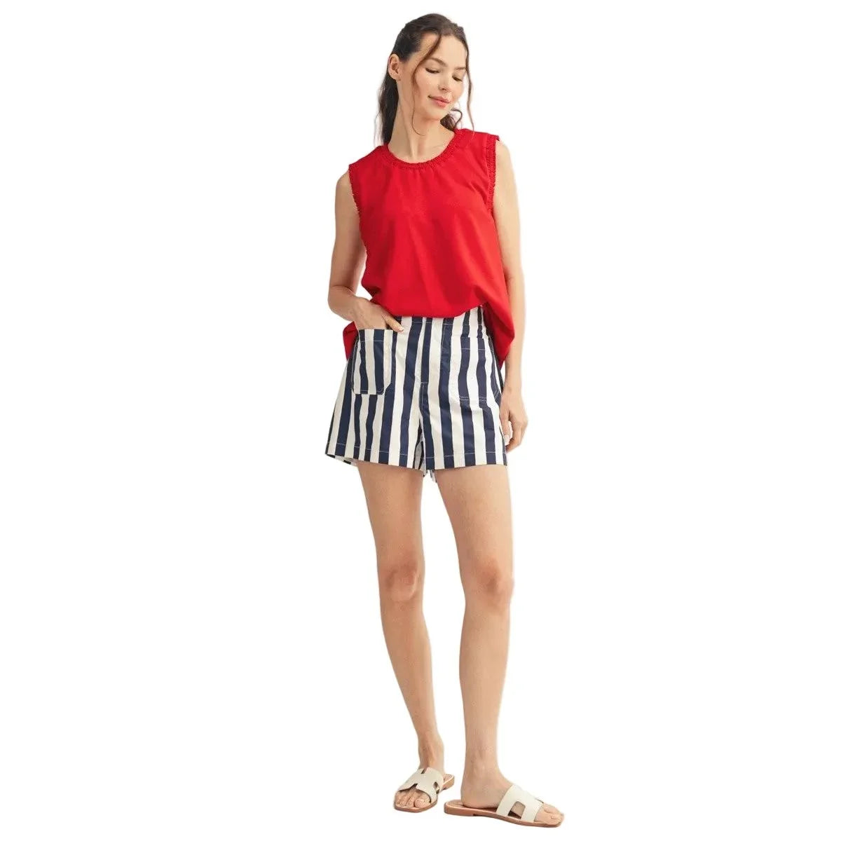 Women's Jodifl Red Smocked Edge Detail Casual Tank Top G15751