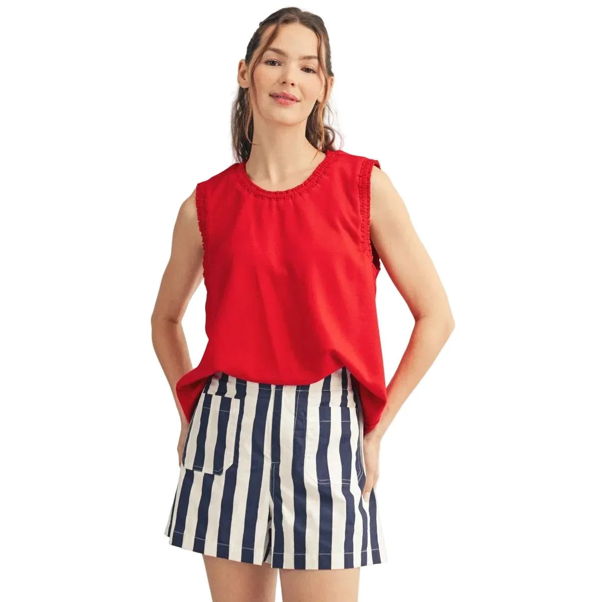 Women's Jodifl Red Smocked Edge Detail Casual Tank Top G15751