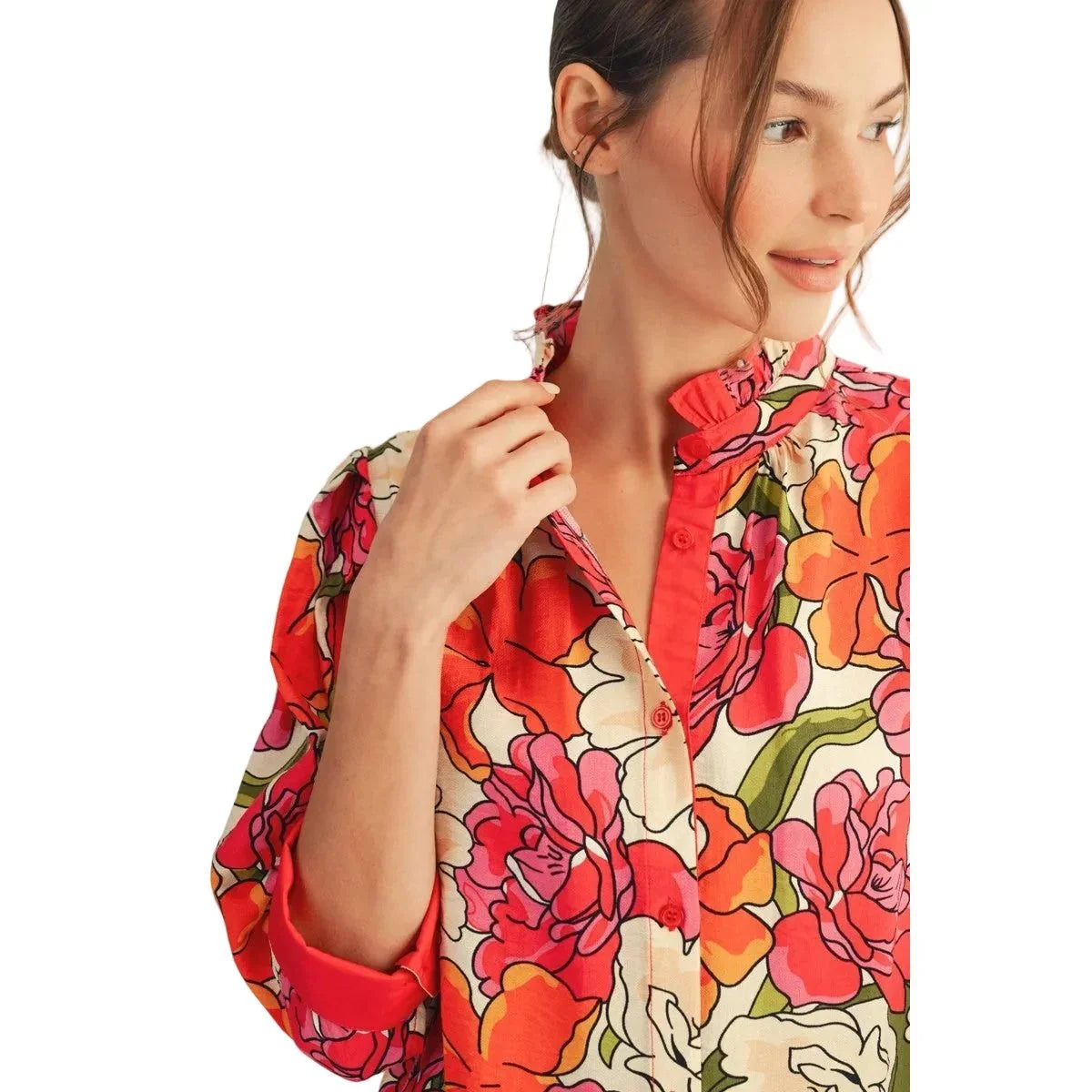 Women's Jodifl Red Solid Contrast Accent Floral Top G14076-7
