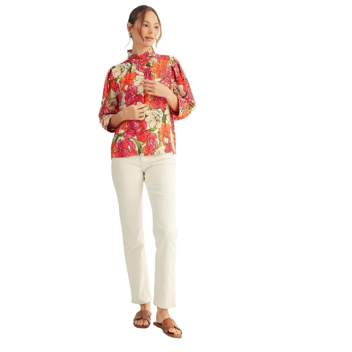Women's Jodifl Red Solid Contrast Accent Floral Top G14076-7
