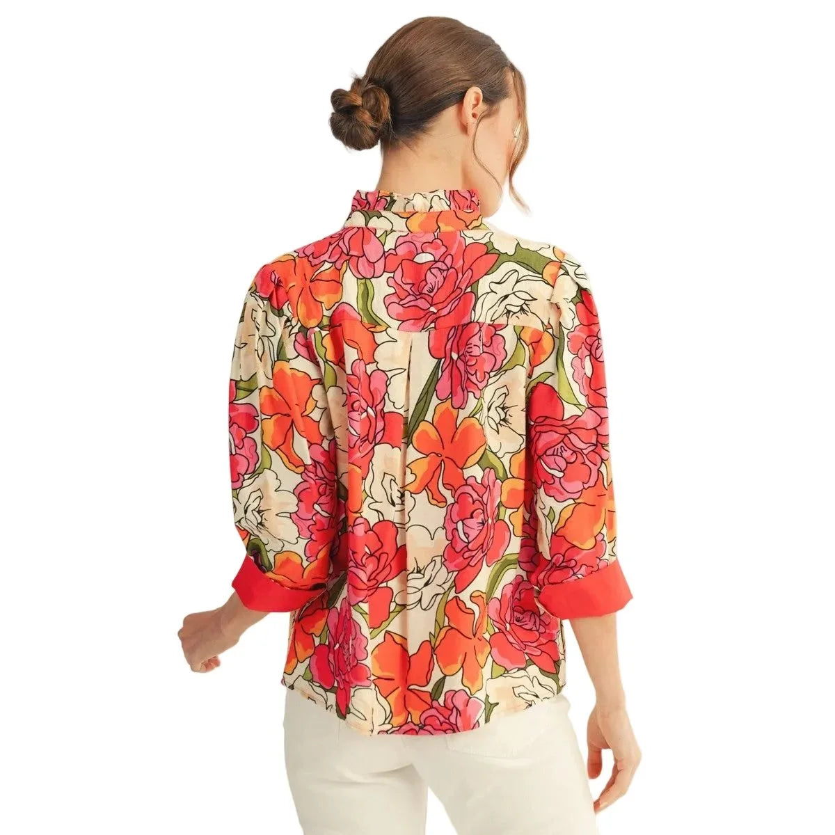 Women's Jodifl Red Solid Contrast Accent Floral Top G14076-7