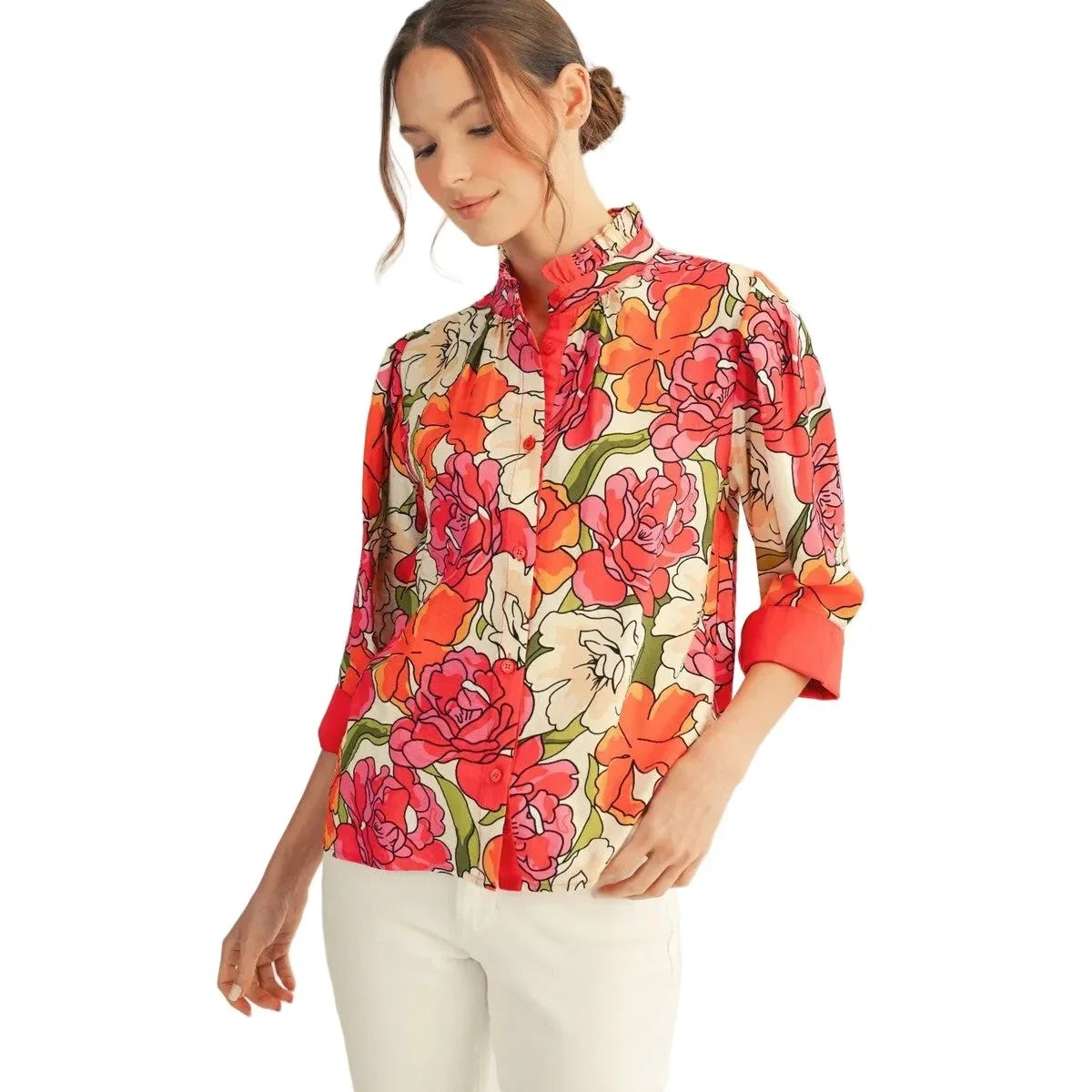 Women's Jodifl Red Solid Contrast Accent Floral Top G14076-7