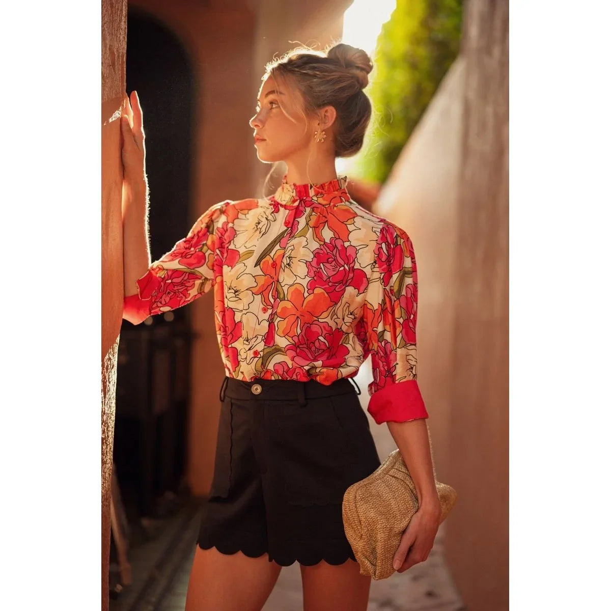 Women's Jodifl Red Solid Contrast Accent Floral Top G14076-7
