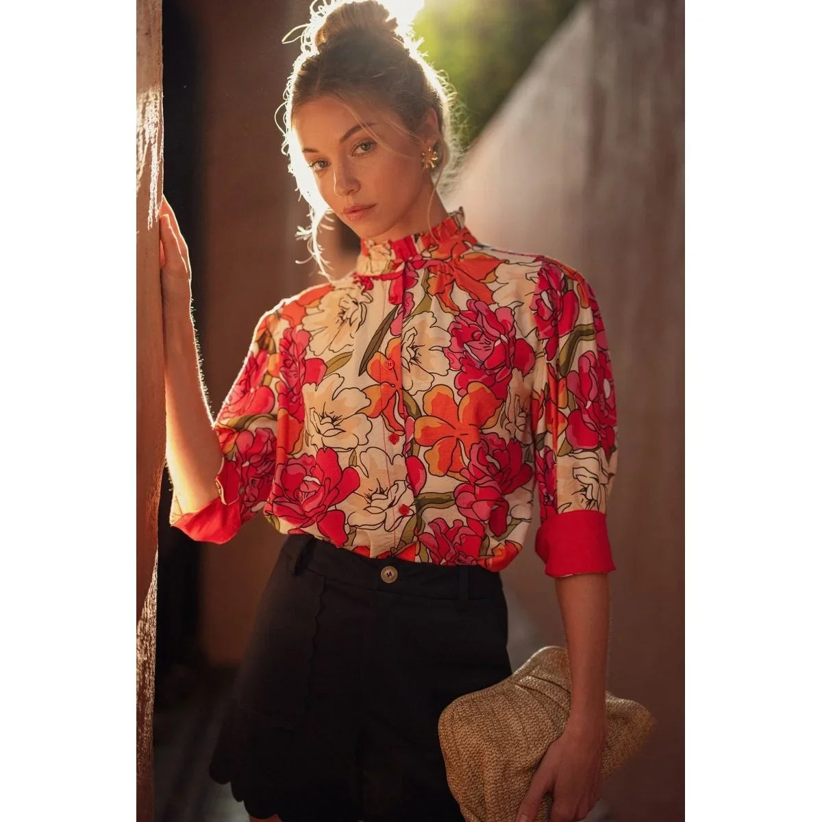Women's Jodifl Red Solid Contrast Accent Floral Top G14076-7