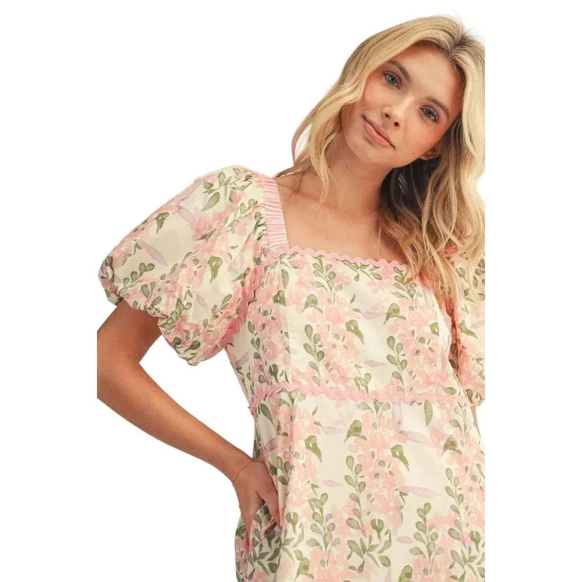 Women's Jodifl Rose Puff Sleeves Floral Midi Dress H50324-1