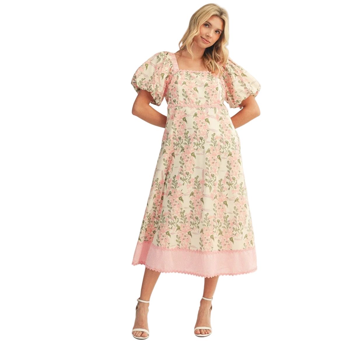 Women's Jodifl Rose Puff Sleeves Floral Midi Dress H50324-1
