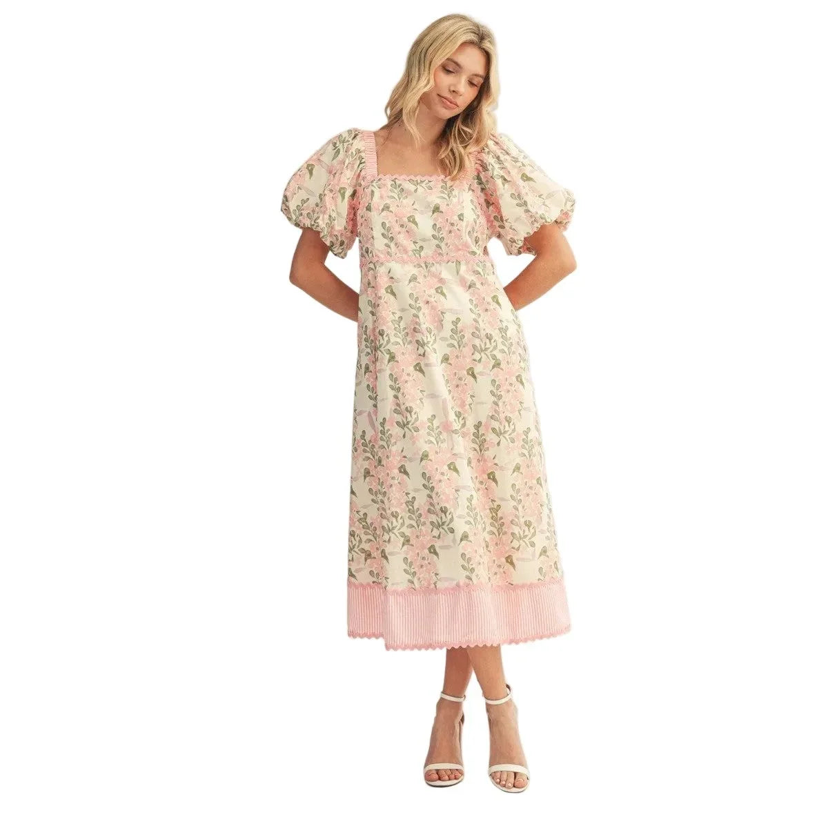 Women's Jodifl Rose Puff Sleeves Floral Midi Dress H50324-1