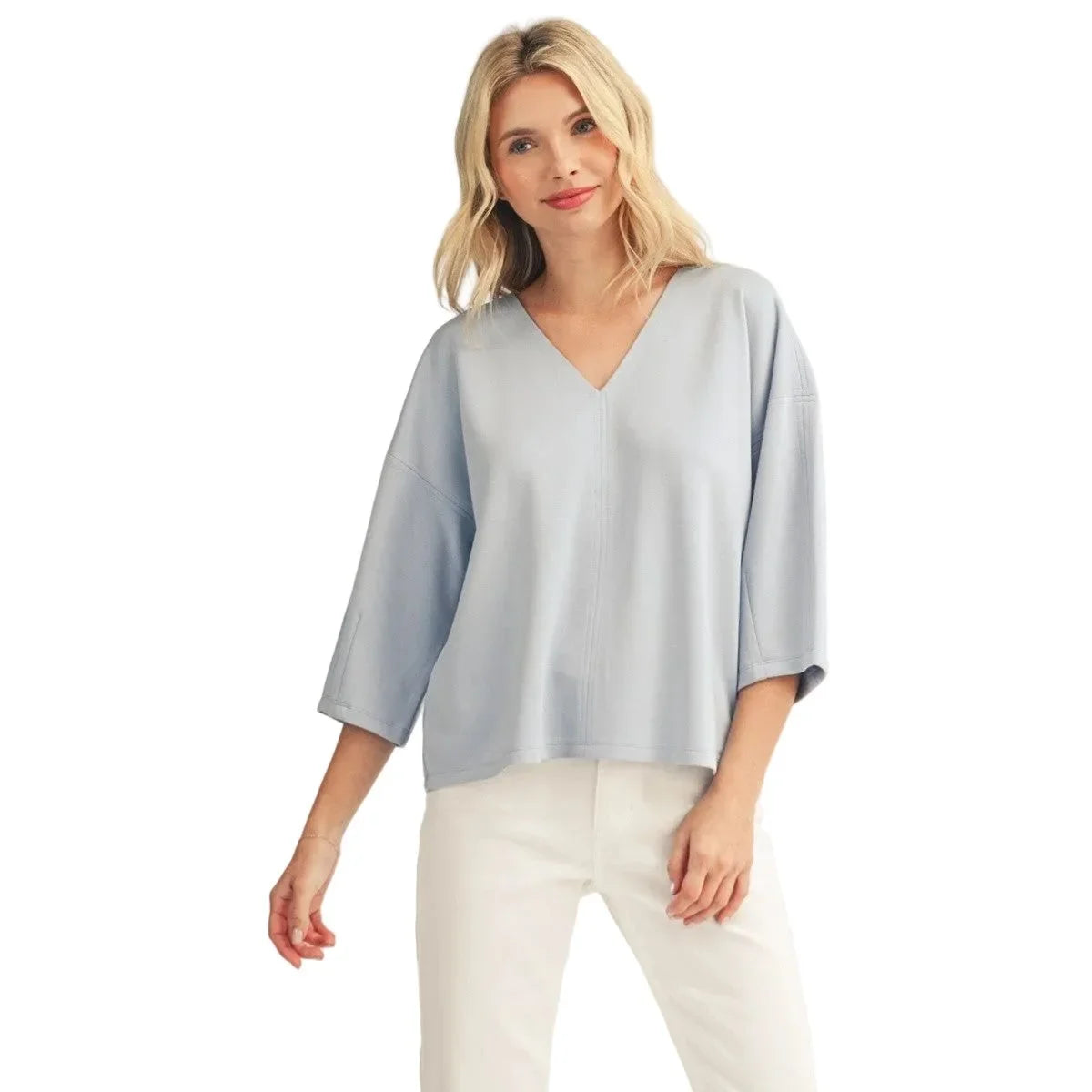 Women's Jodifl Sky Blue Soft Textured V Neck Solid Top G15341-SKB