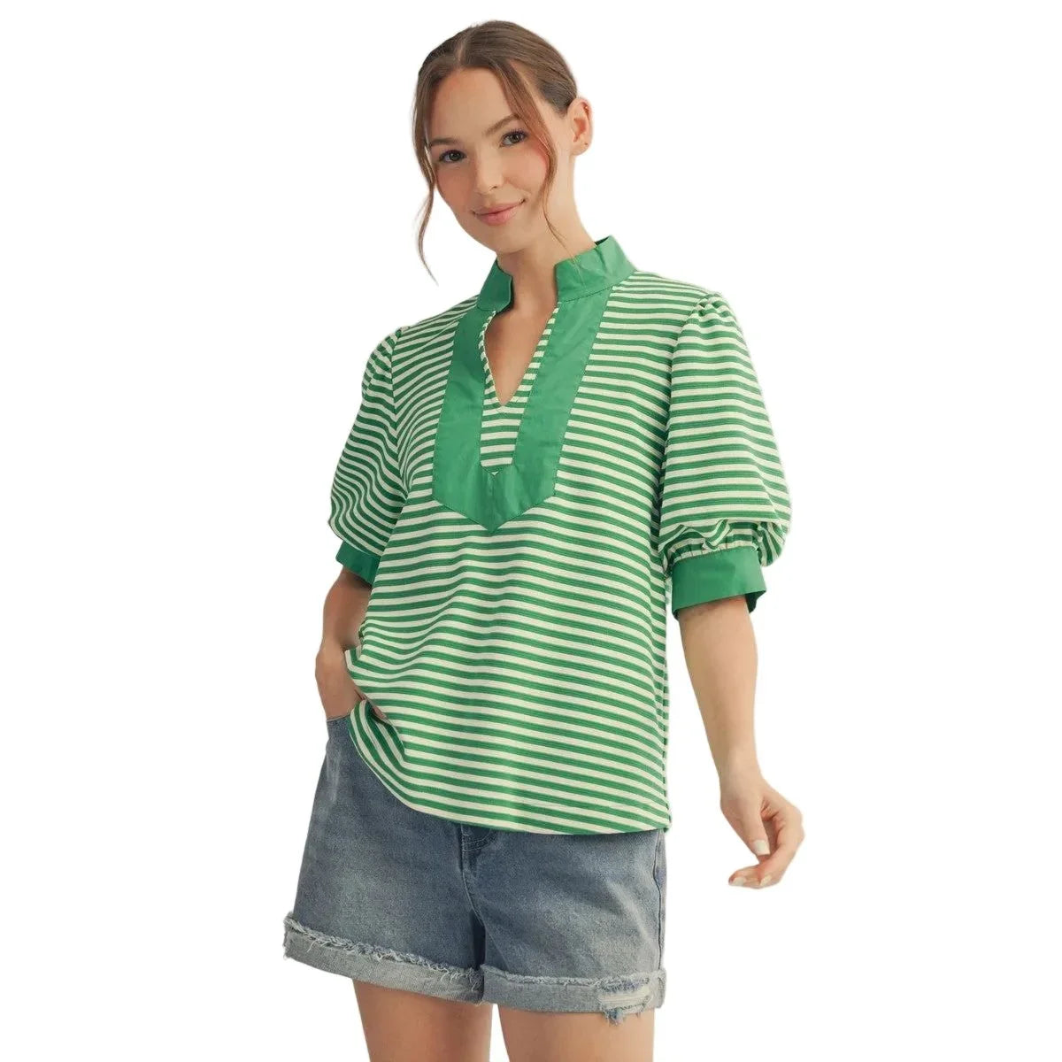 Women's Jodifl Solid Contrast Detail Striped Top B13435-1