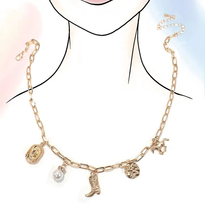 Women's Josslyn Gold Western Boot Star Hat Horseshoe Charm Necklace 80N1187-NCK