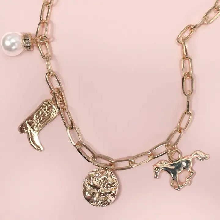 Women's Josslyn Gold Western Boot Star Hat Horseshoe Charm Necklace 80N1187-NCK