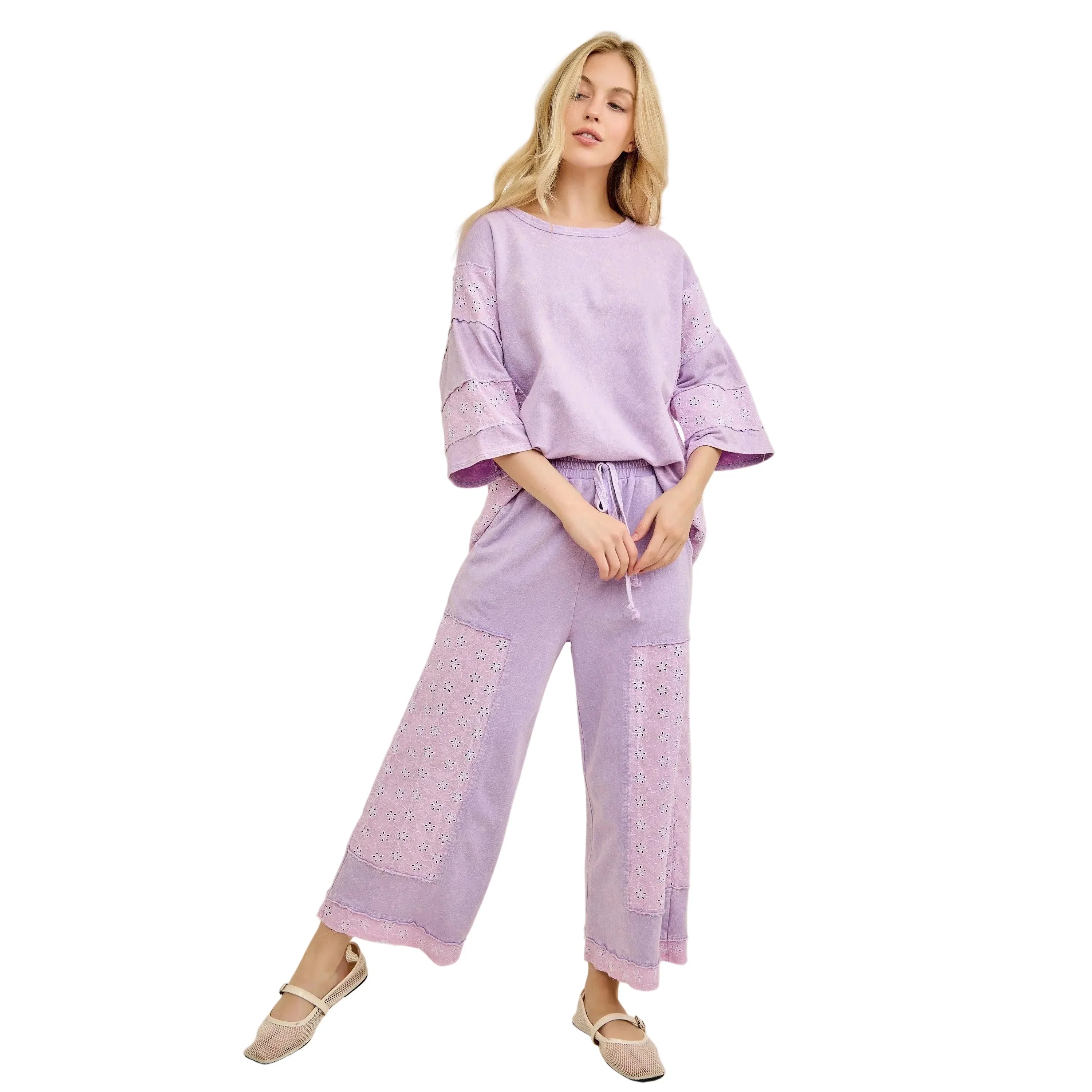 Women's Lavender Mineral Washed Eyelet Lace Pants HP7193