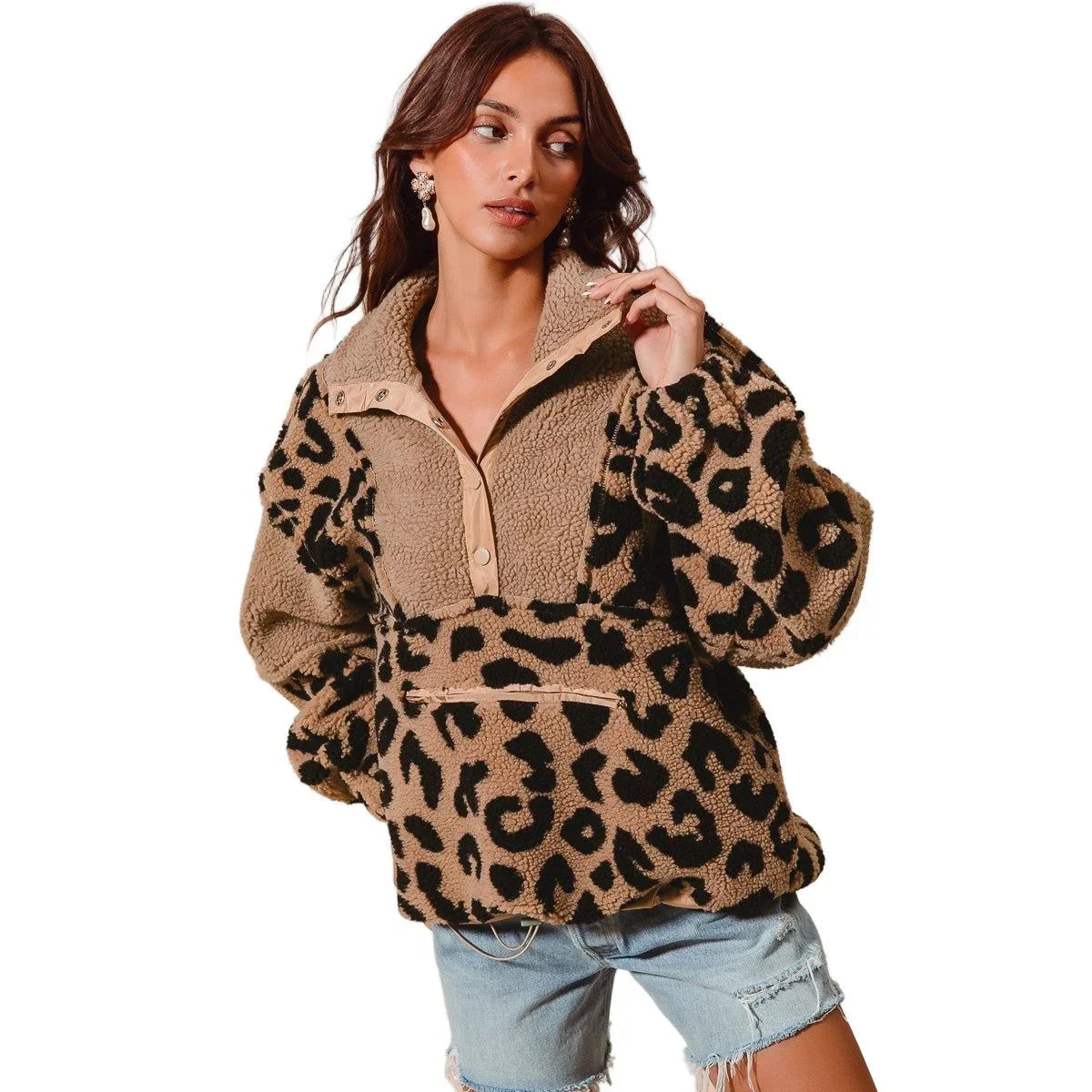 Women's Leopard Fleece Block Pullover Top With Pockets