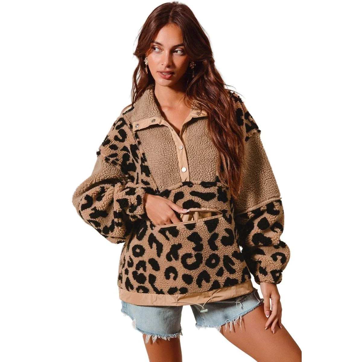 Women's Leopard Fleece Block Pullover Top With Pockets