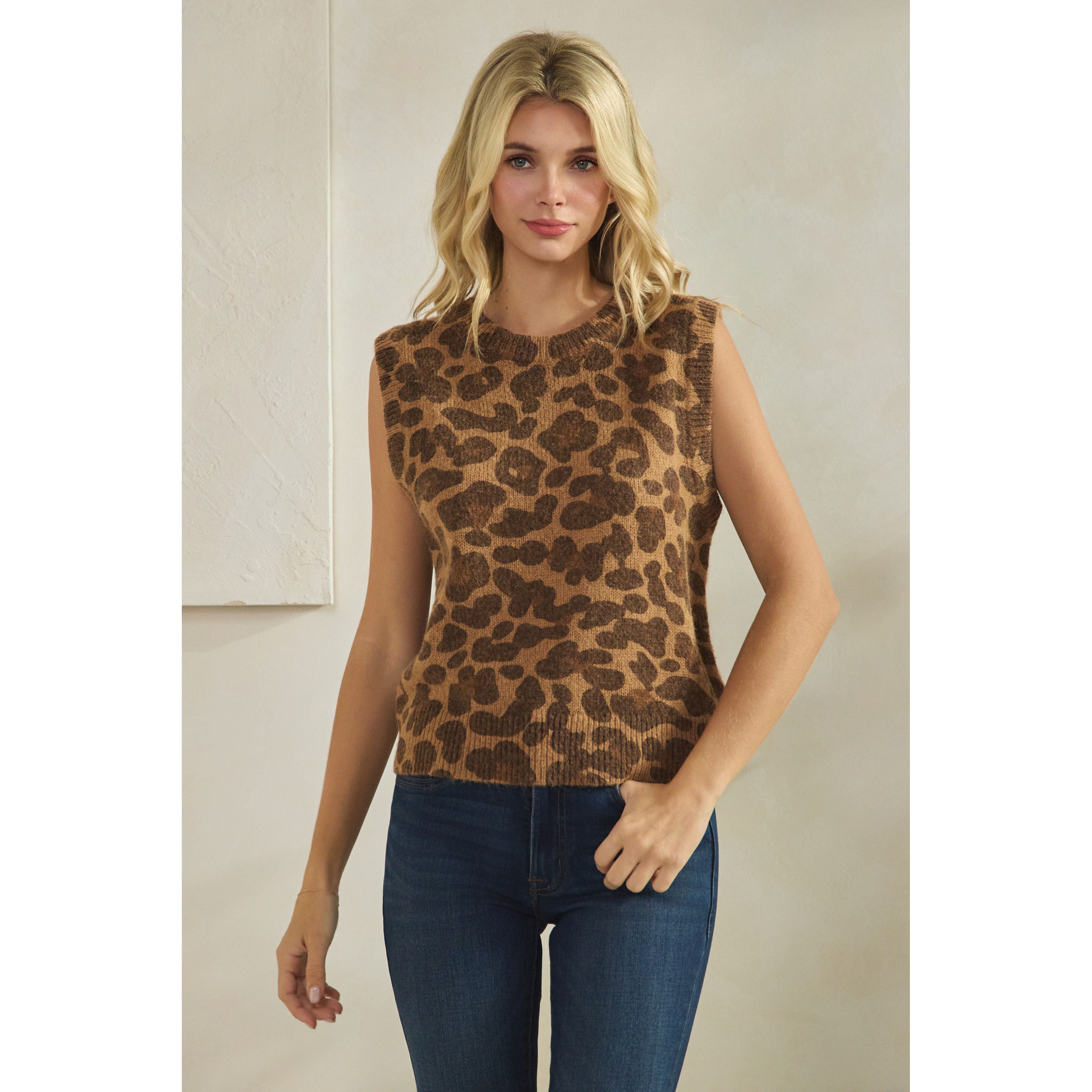 Women's Leopard Wool Blend Vest Sweater SDW6486