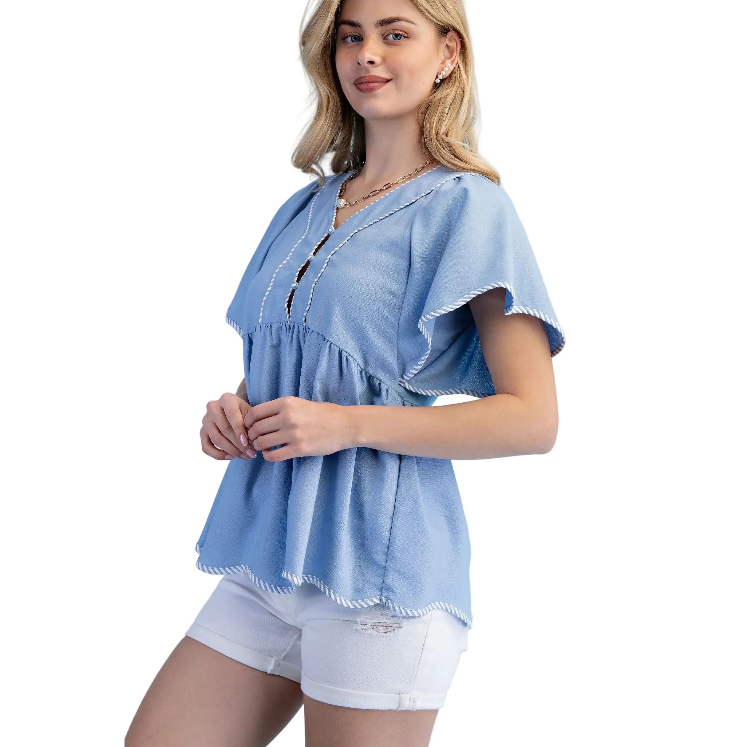 Women's Light Blue Linen V-neck Top With Striped Binding Details TE1872