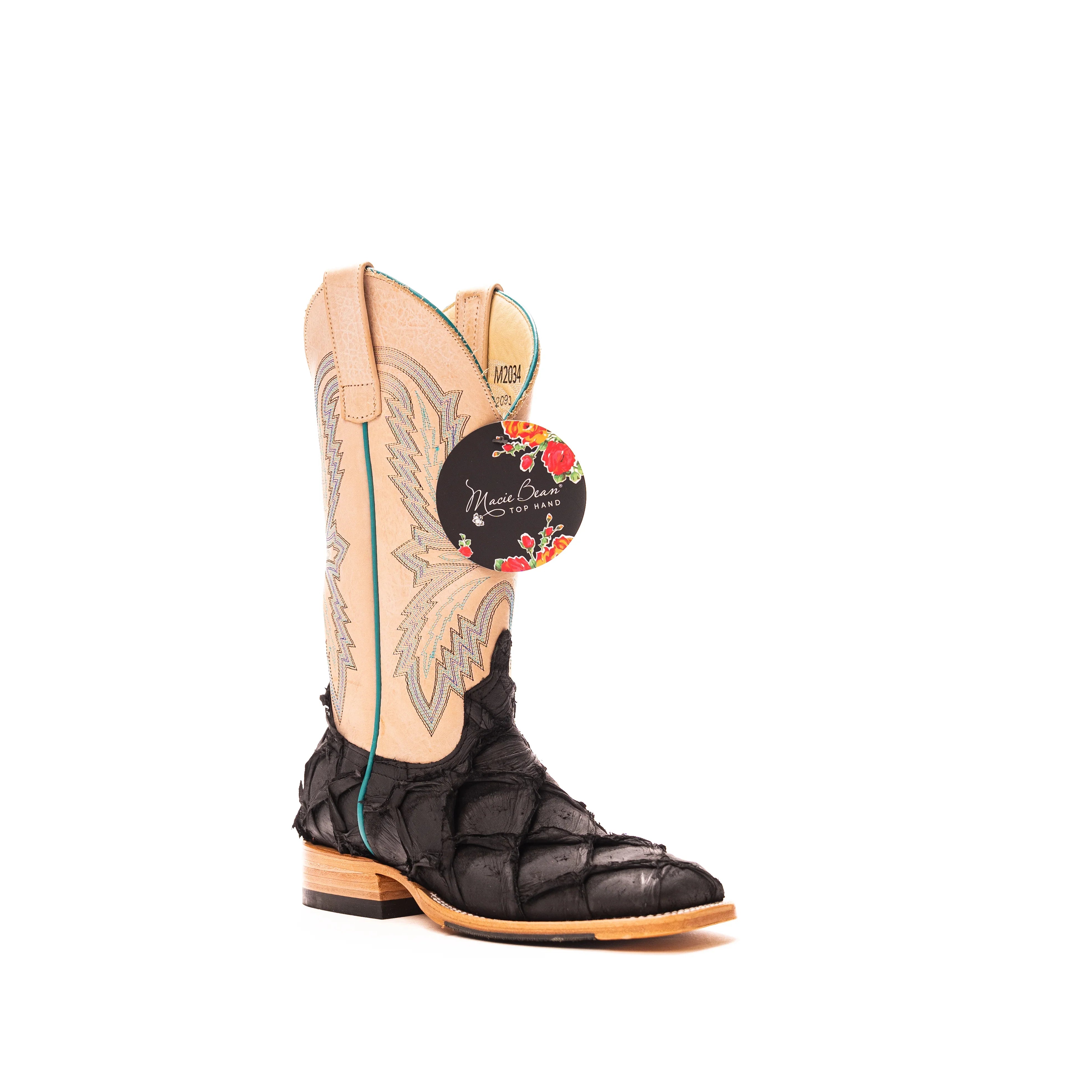 Women's Macie Bean Black Matte Big Bass with 12" Bleached Bone Top M2034 - Crazy House Western Wear
