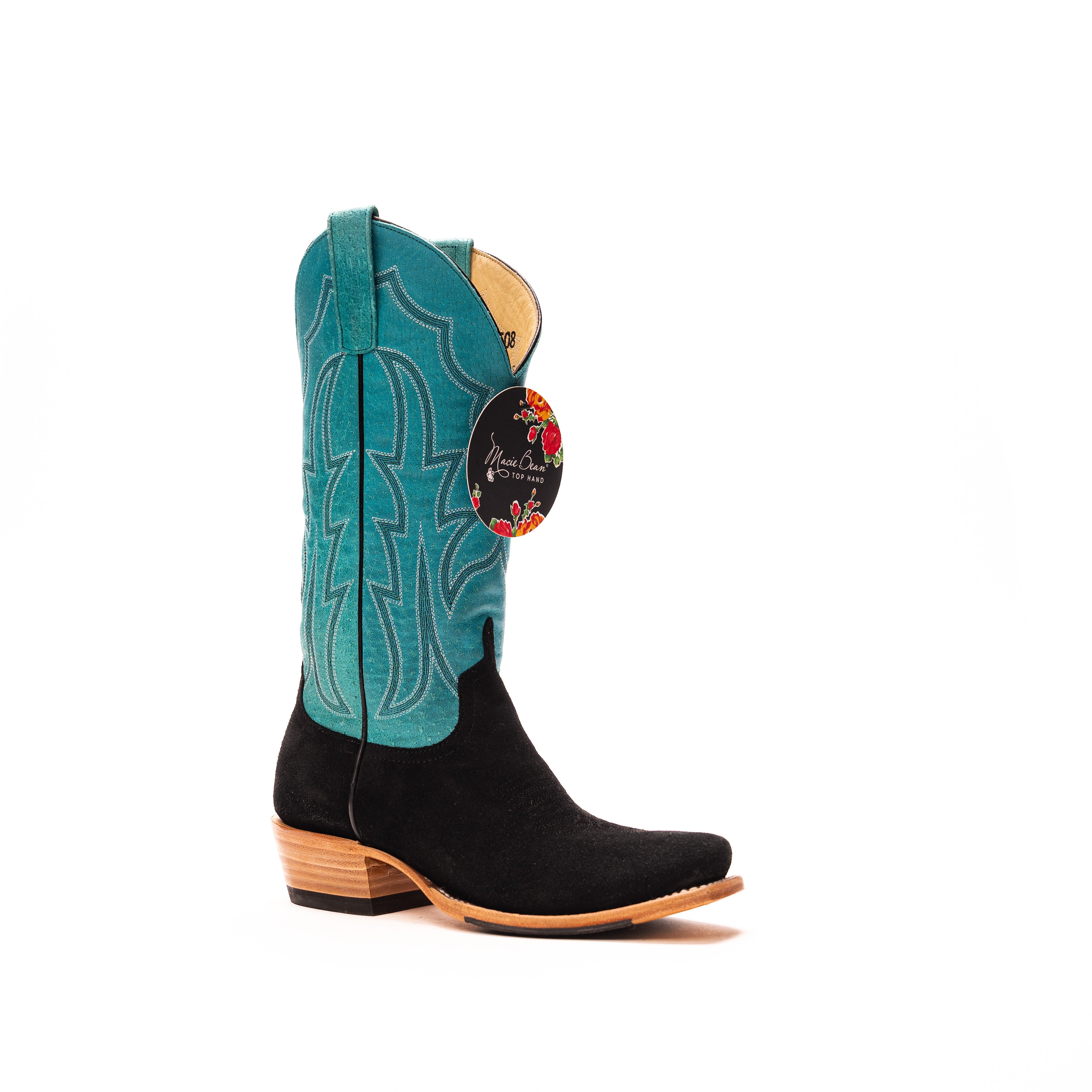 Women's Macie Bean Black Suede with 13" Blue Sinsation Top M9508 - Crazy House Western Wear