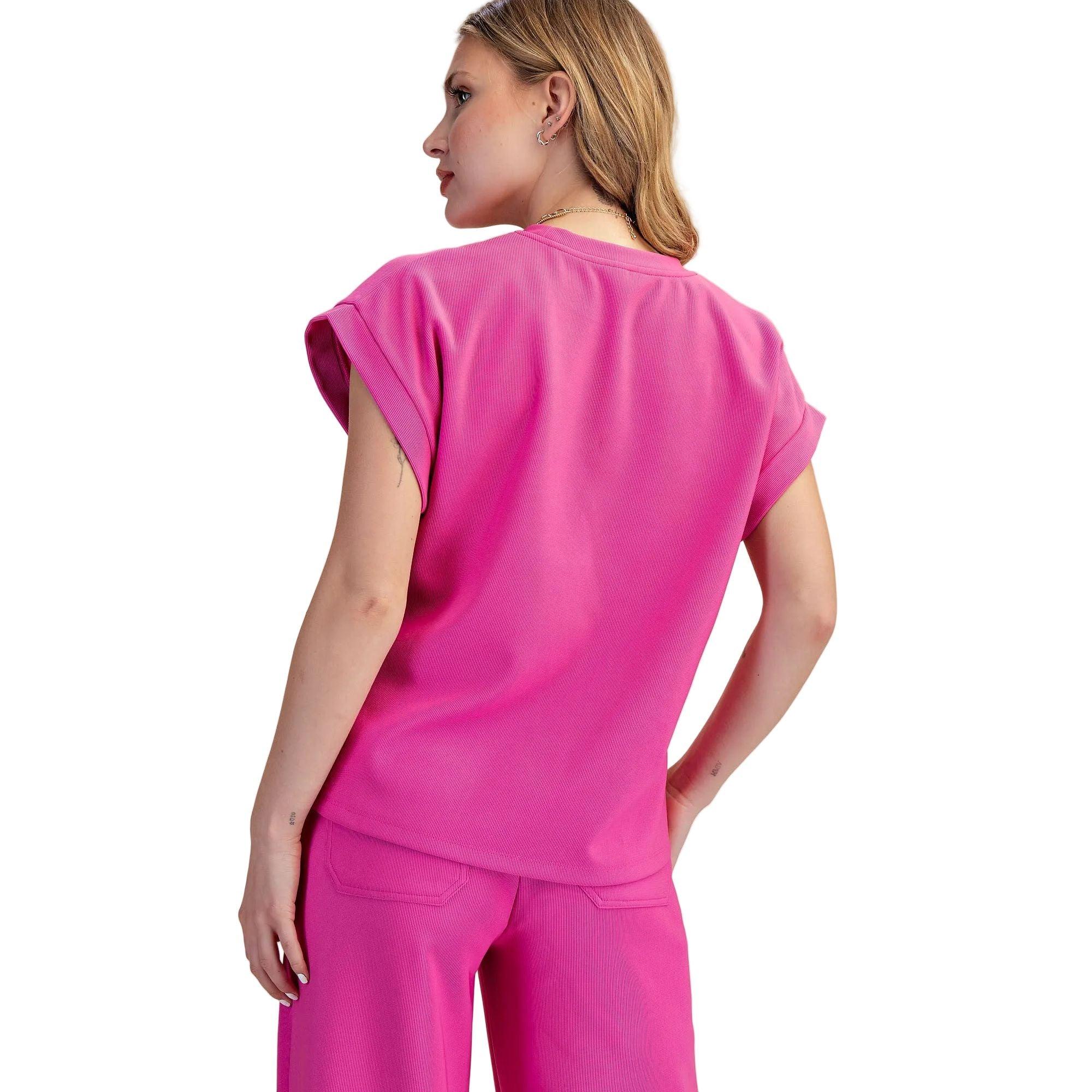 Women's Magenta Everyday Round Neck Short Sleeve Front Pocket Top T8131