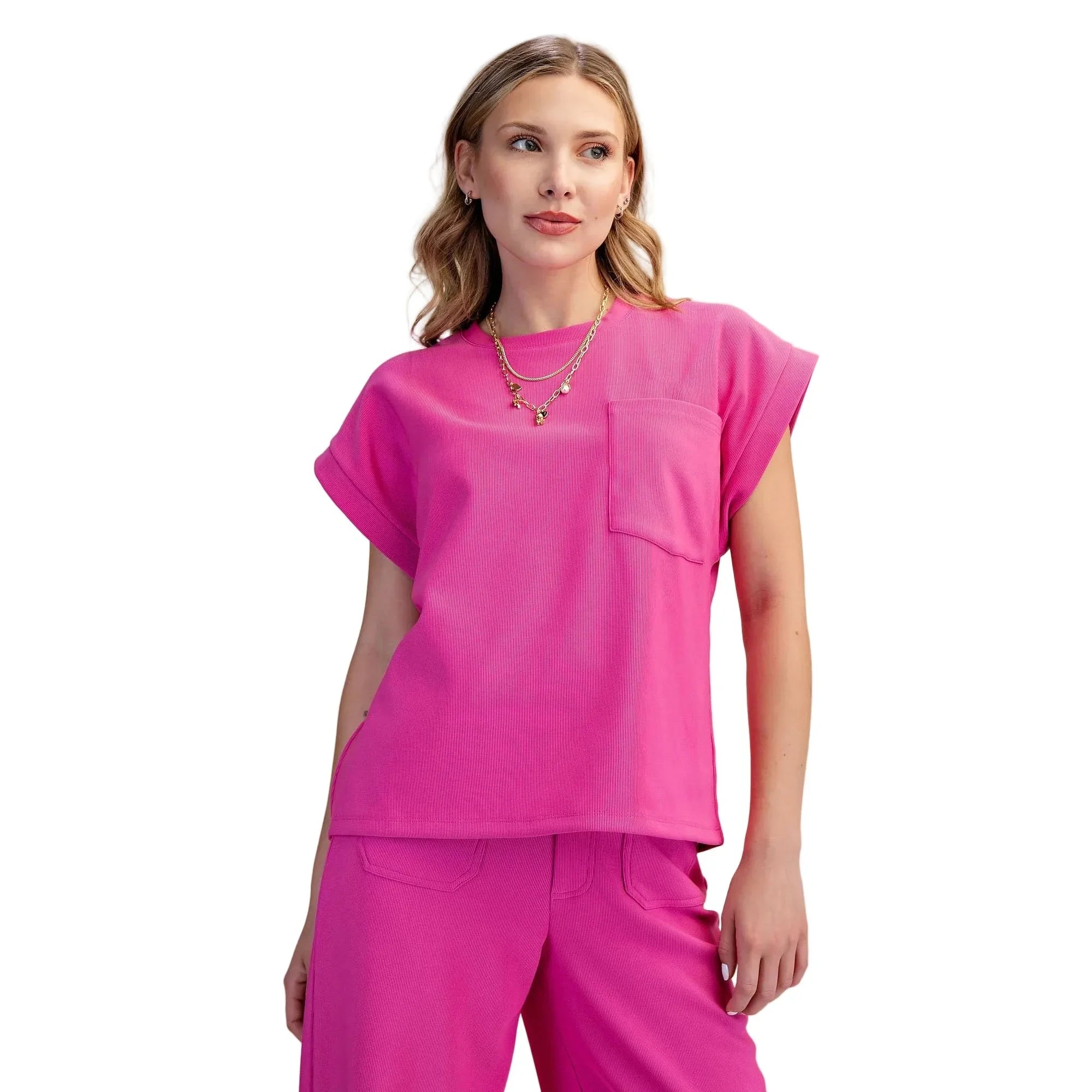 Women's Magenta Everyday Round Neck Short Sleeve Front Pocket Top T8131