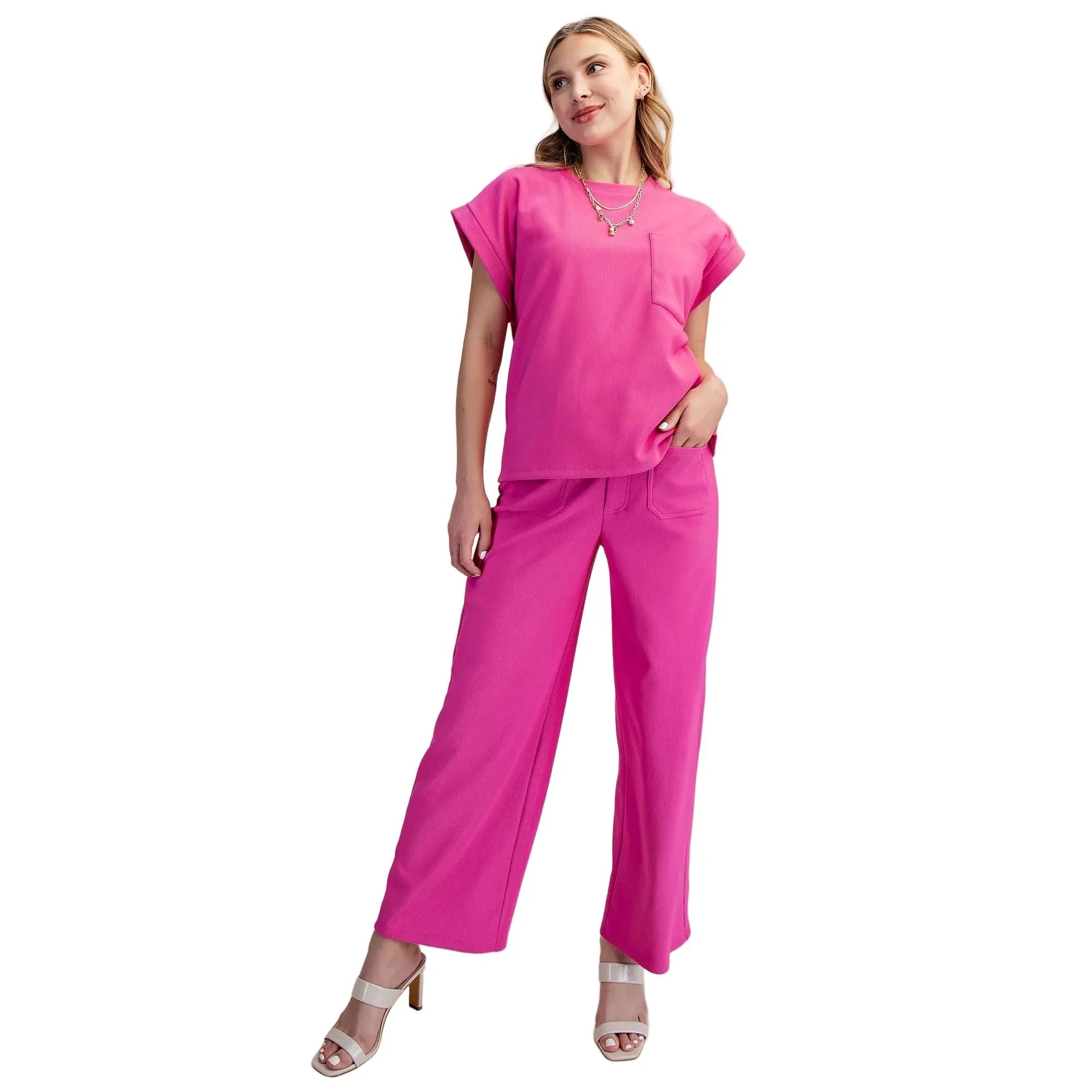 Women's Magenta Everyday Round Neck Short Sleeve Front Pocket Top T8131
