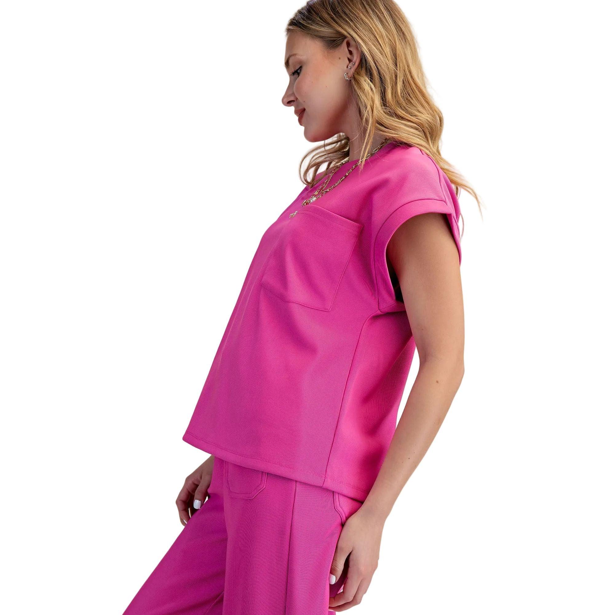 Women's Magenta Everyday Round Neck Short Sleeve Front Pocket Top T8131