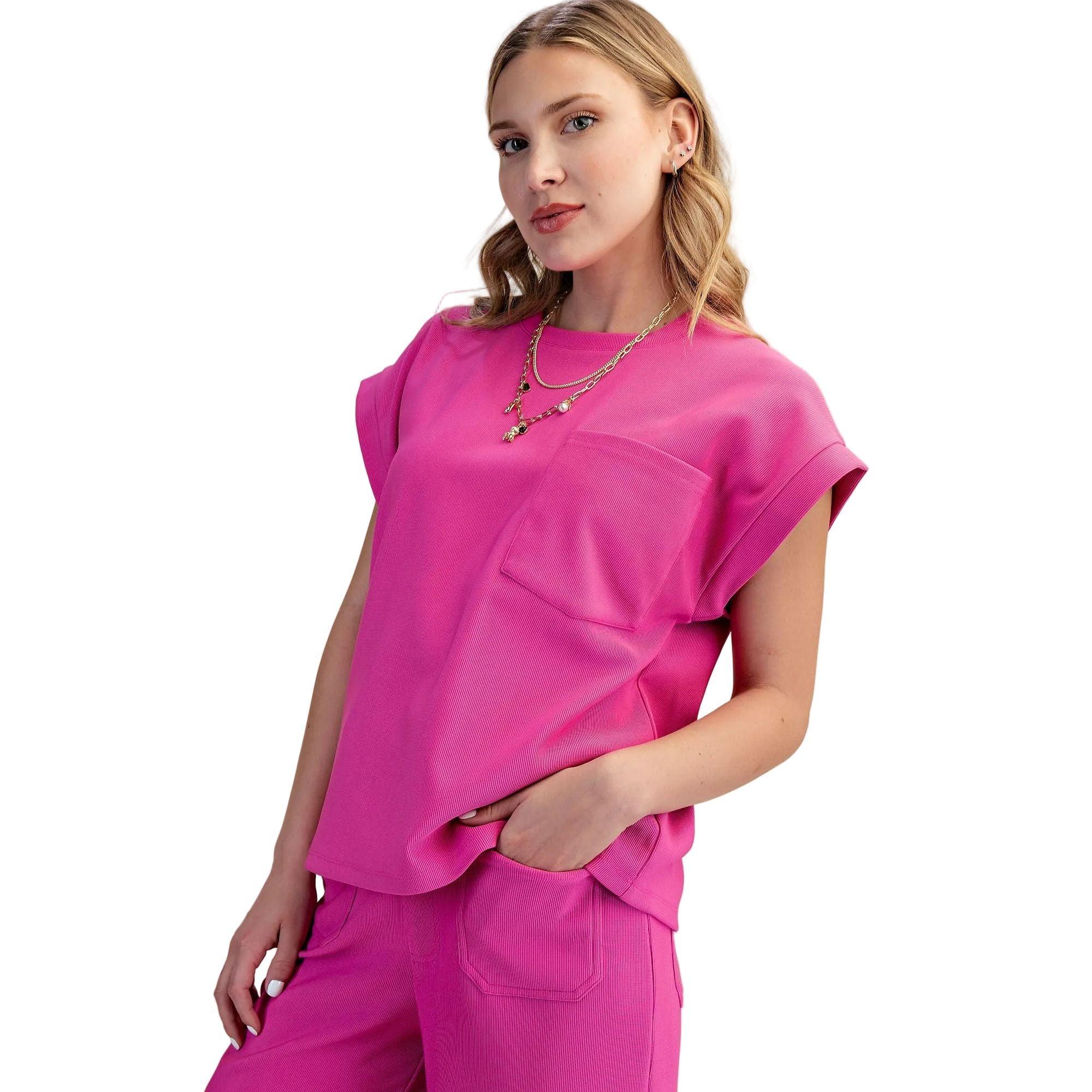 Women's Magenta Everyday Round Neck Short Sleeve Front Pocket Top T8131