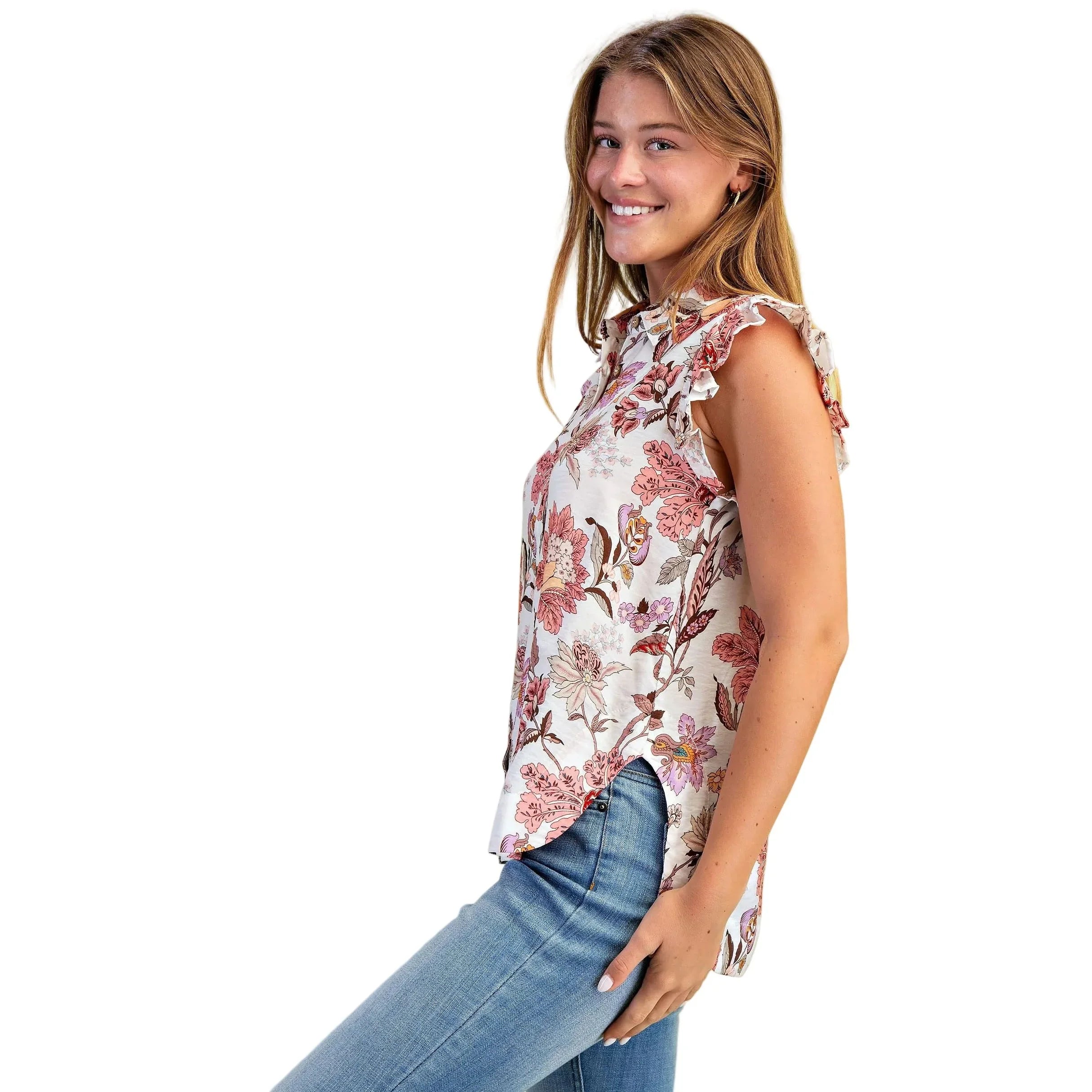 Women's Mauve Mix Lightweight Floral Button Up Top TE1617
