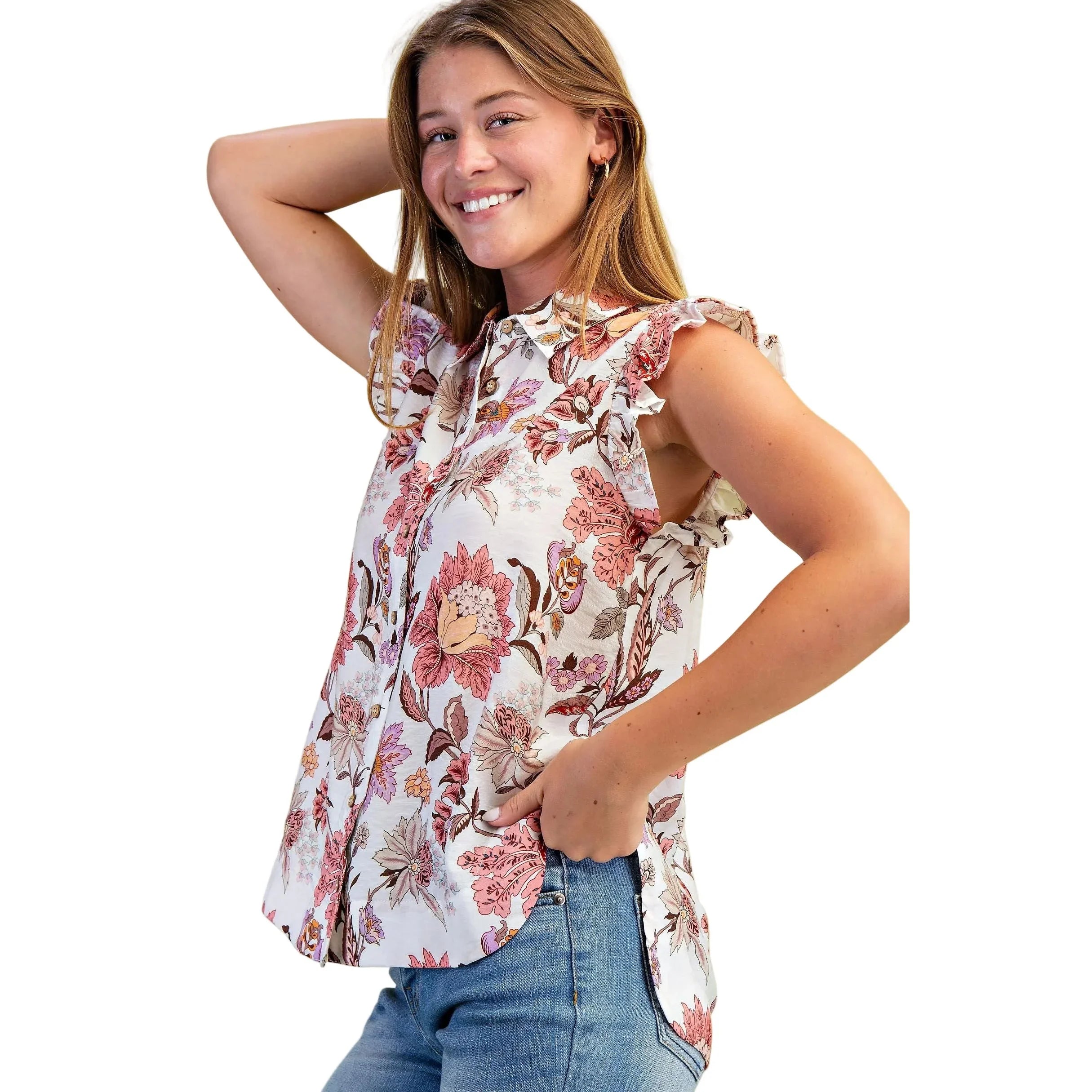 Women's Mauve Mix Lightweight Floral Button Up Top TE1617
