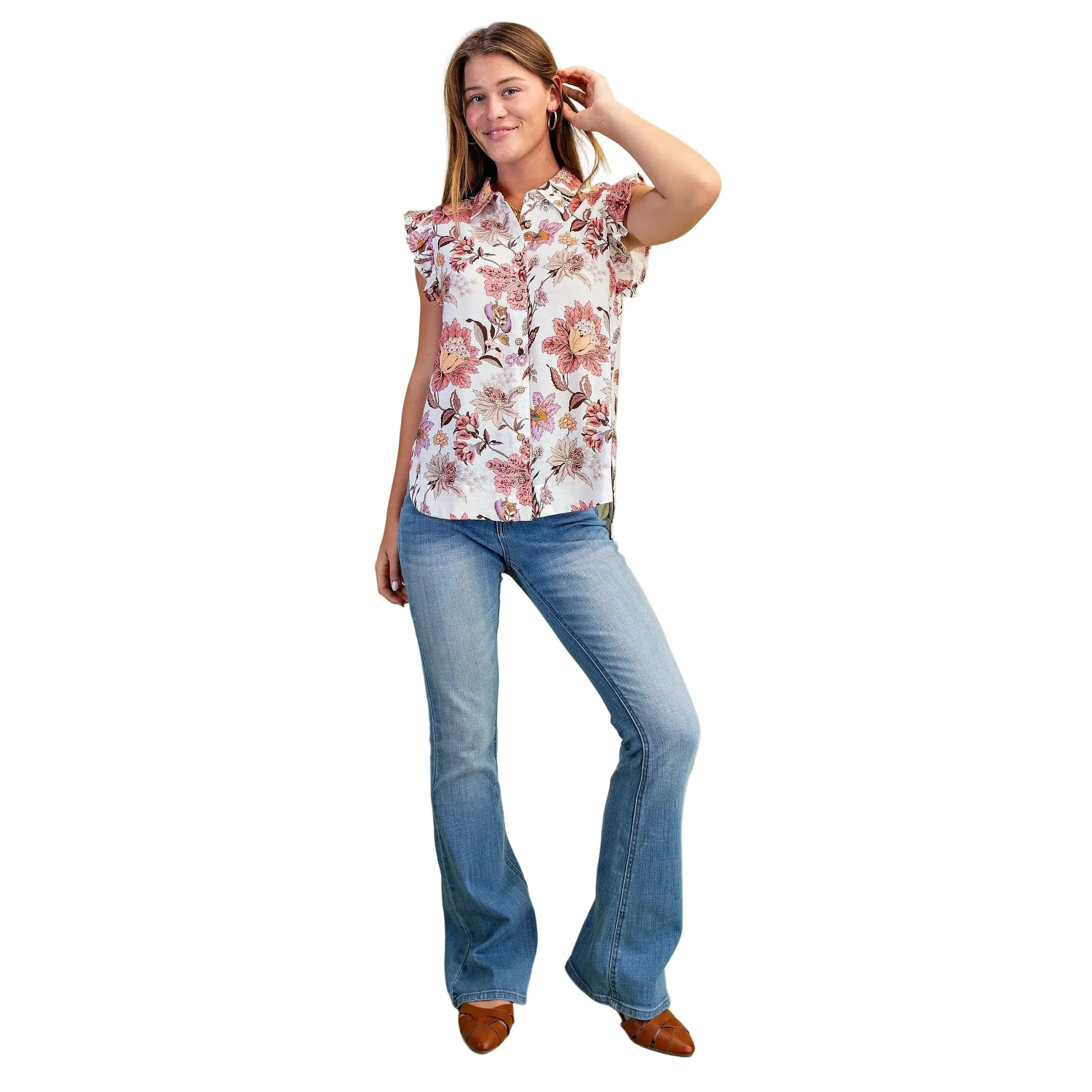 Women's Mauve Mix Lightweight Floral Button Up Top TE1617