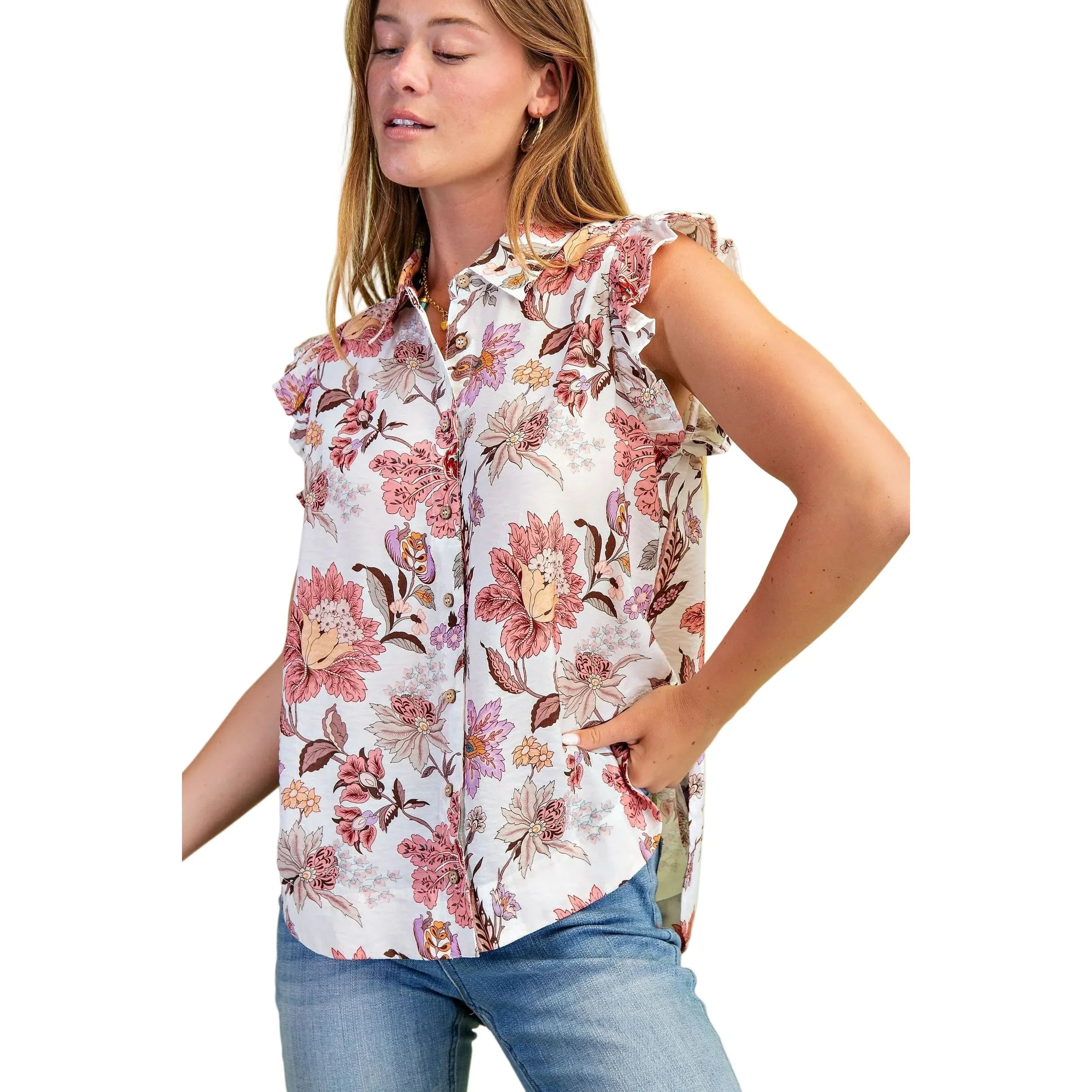 Women's Mauve Mix Lightweight Floral Button Up Top TE1617