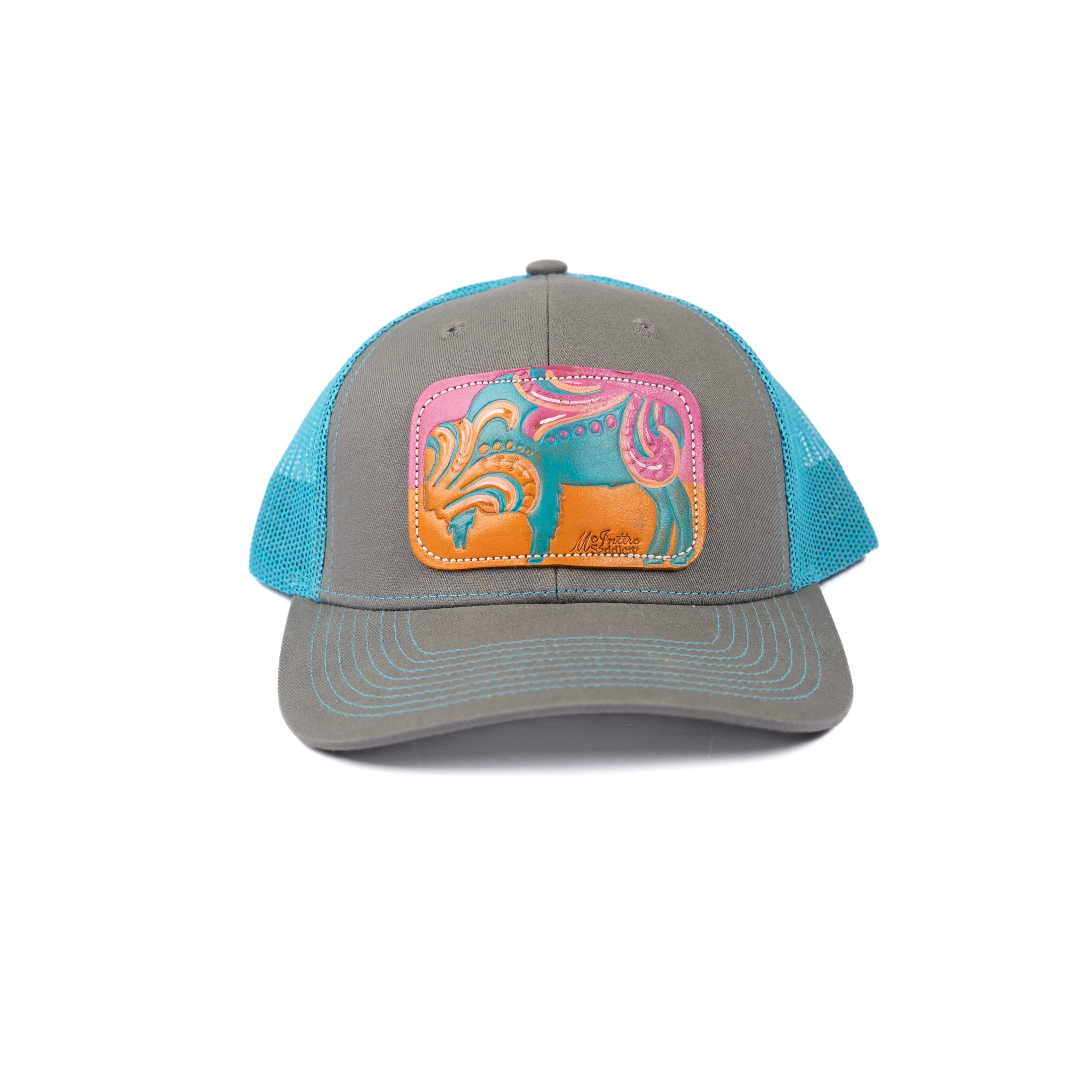Women's McIntire Saddlery Gray and Blue Mesh Snapback with Leather Patch CAP-08