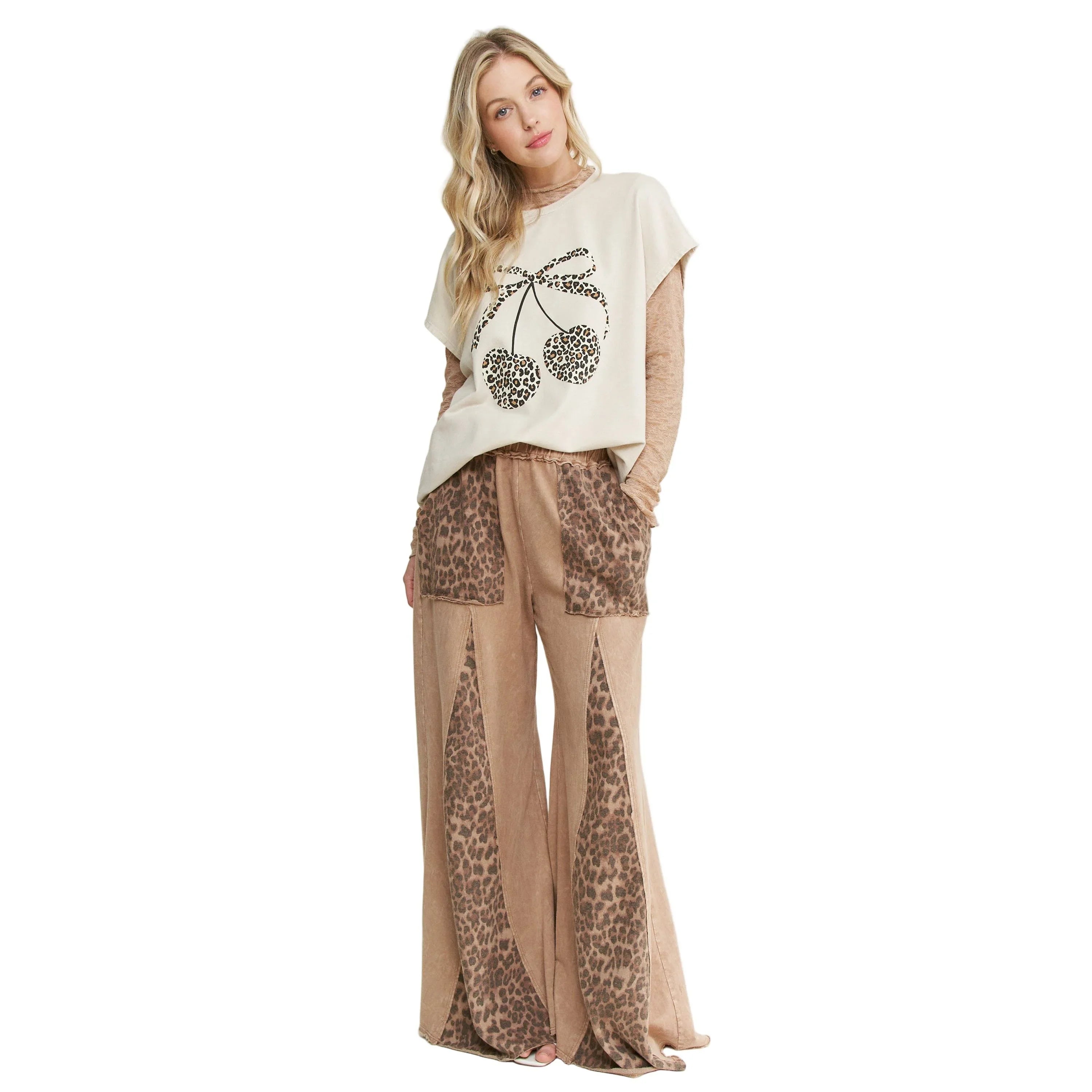Women's Mineral Washed Leopard Animal Print Flare Pants HP5783P1