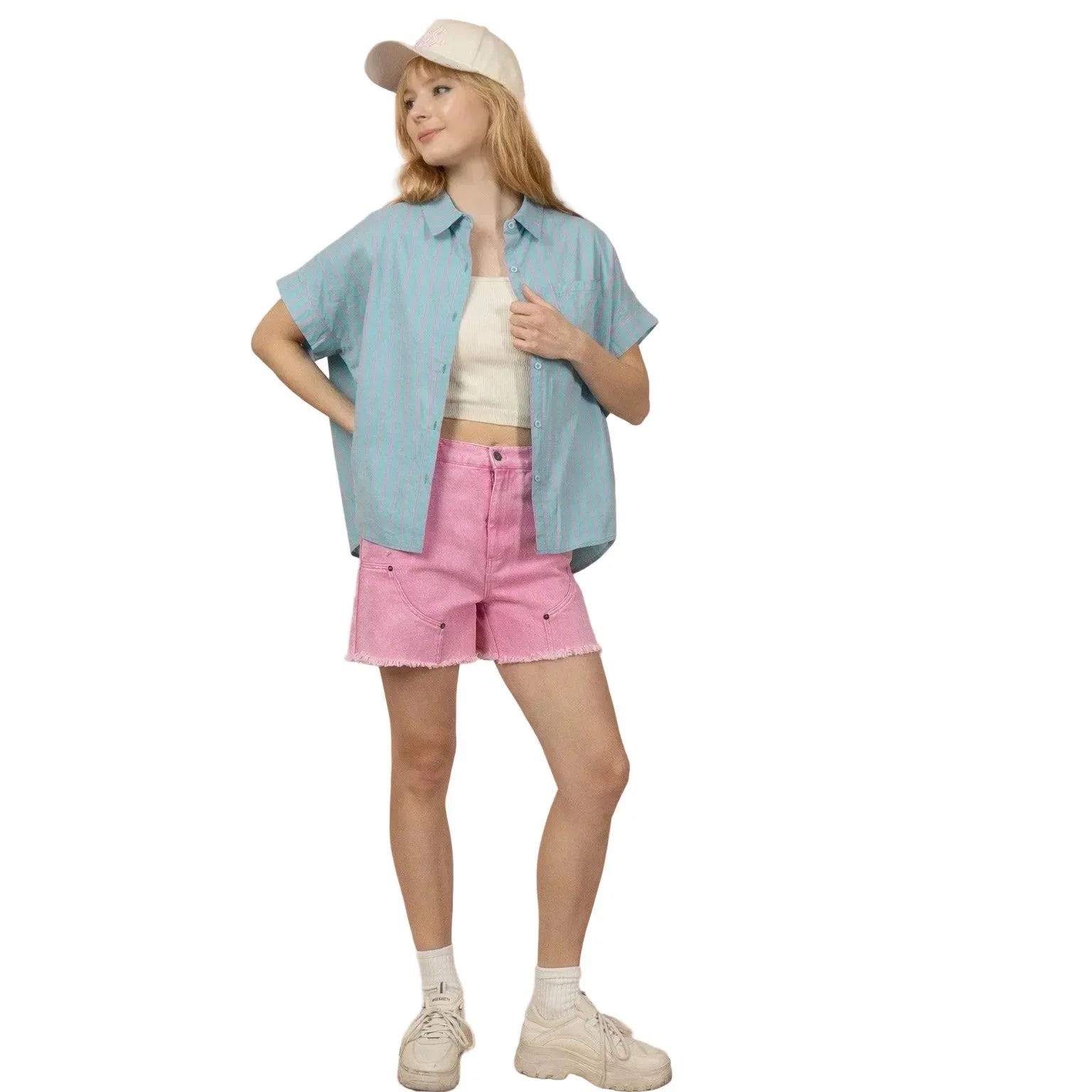 Women's Mint Striped Oversized Striped Button Down Casual Shirt Top NT12495