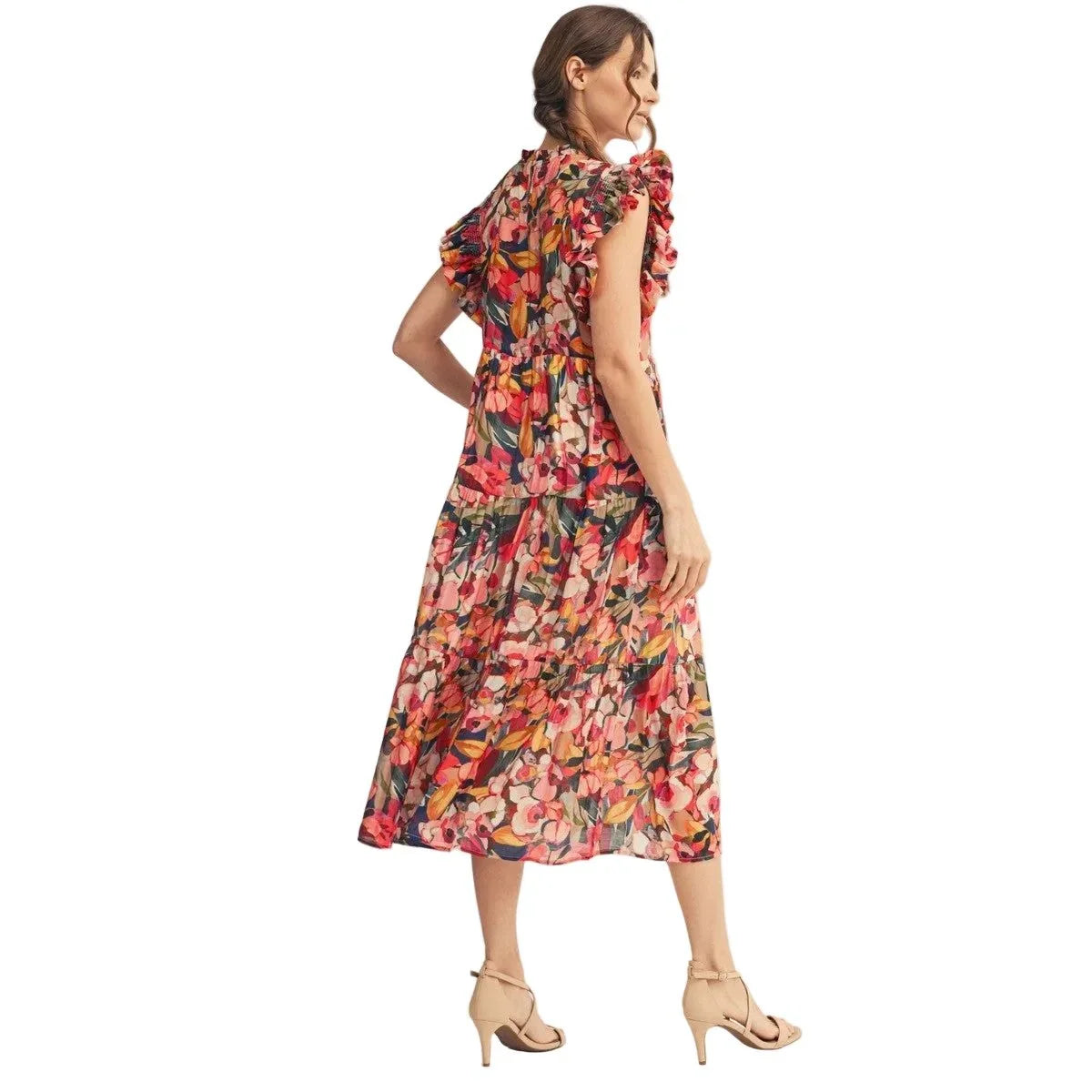 Women's Multi Colored Ruffled Sleeves Floral Midi Dress G10170-16