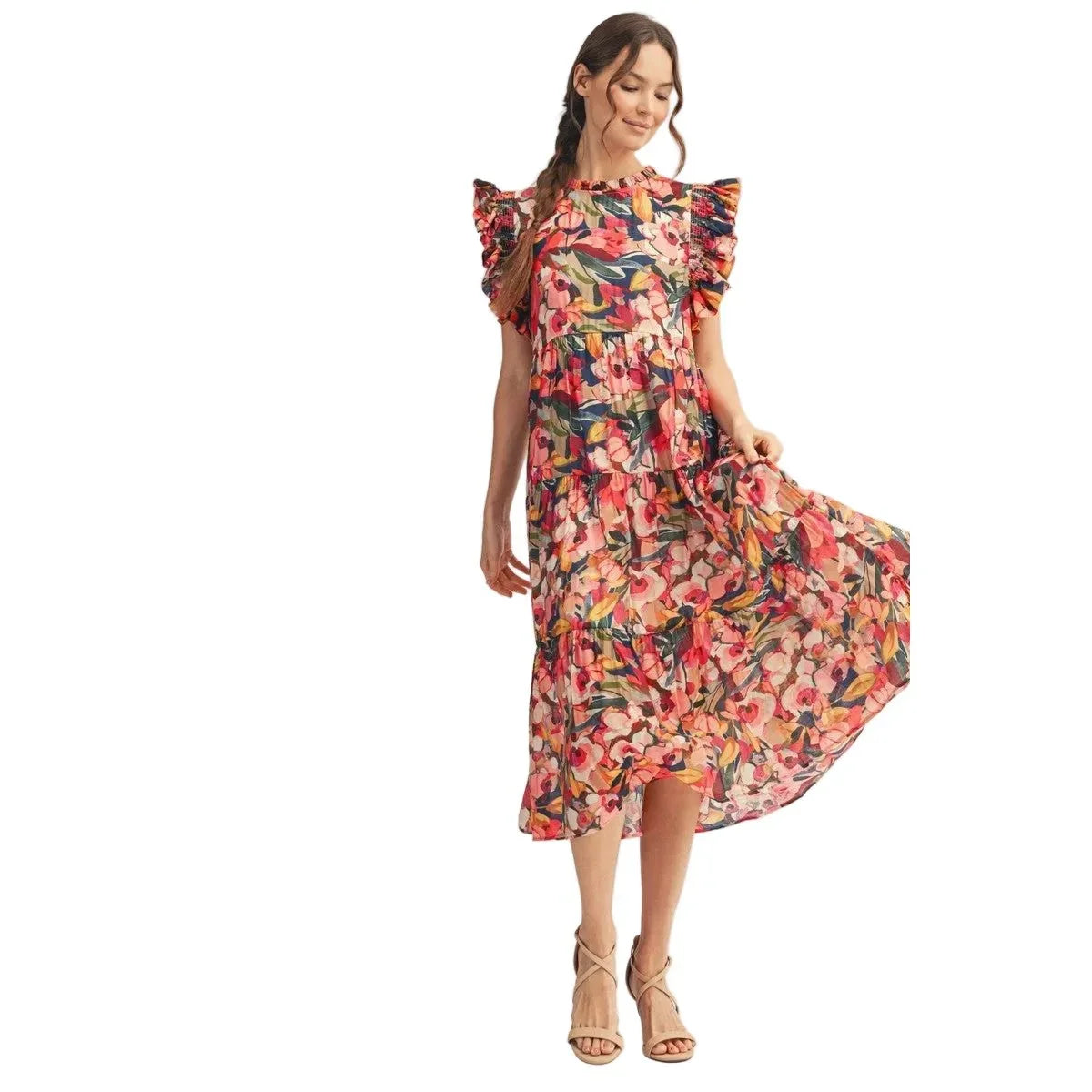 Women's Multi Colored Ruffled Sleeves Floral Midi Dress G10170-16