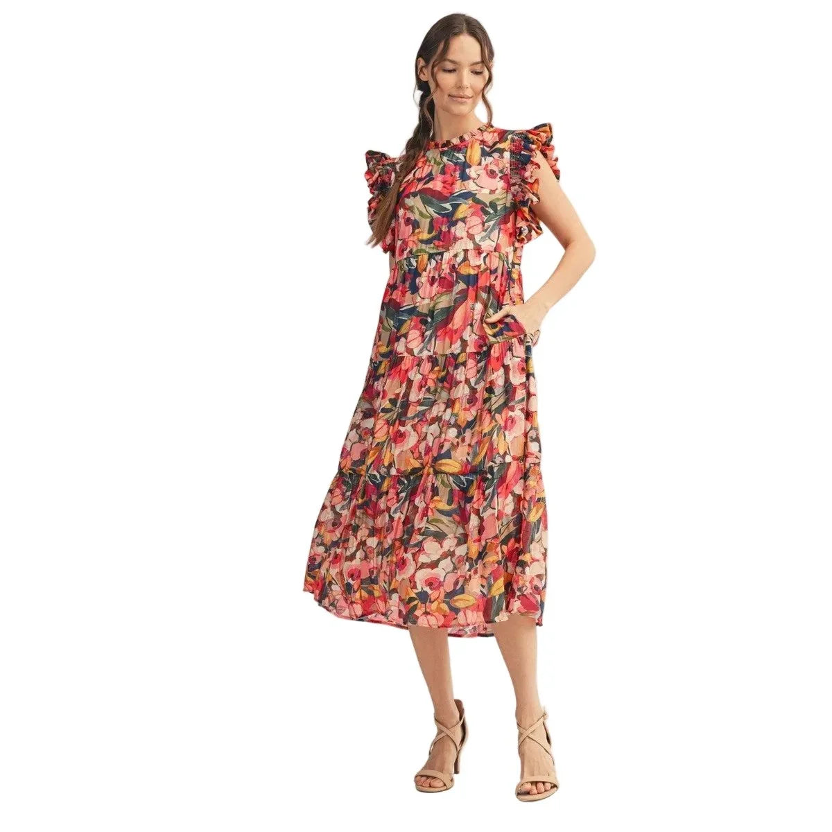 Women's Multi Colored Ruffled Sleeves Floral Midi Dress G10170-16