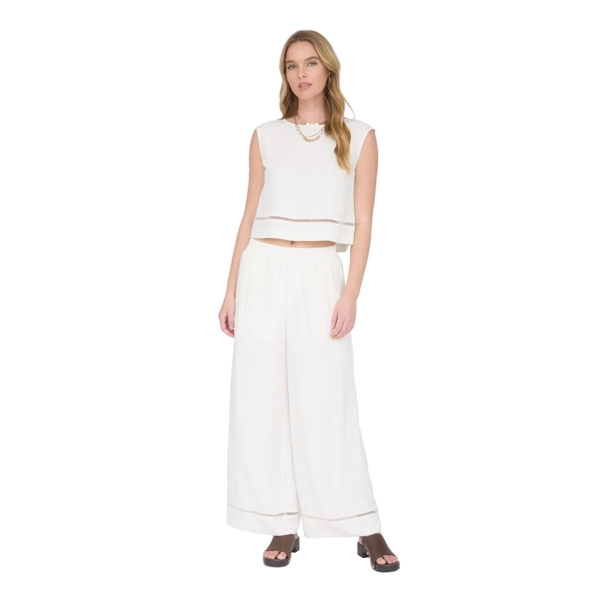 Women's Natural Ladder Lace Trim Wide Leg Linen Pants B6SX1024-B