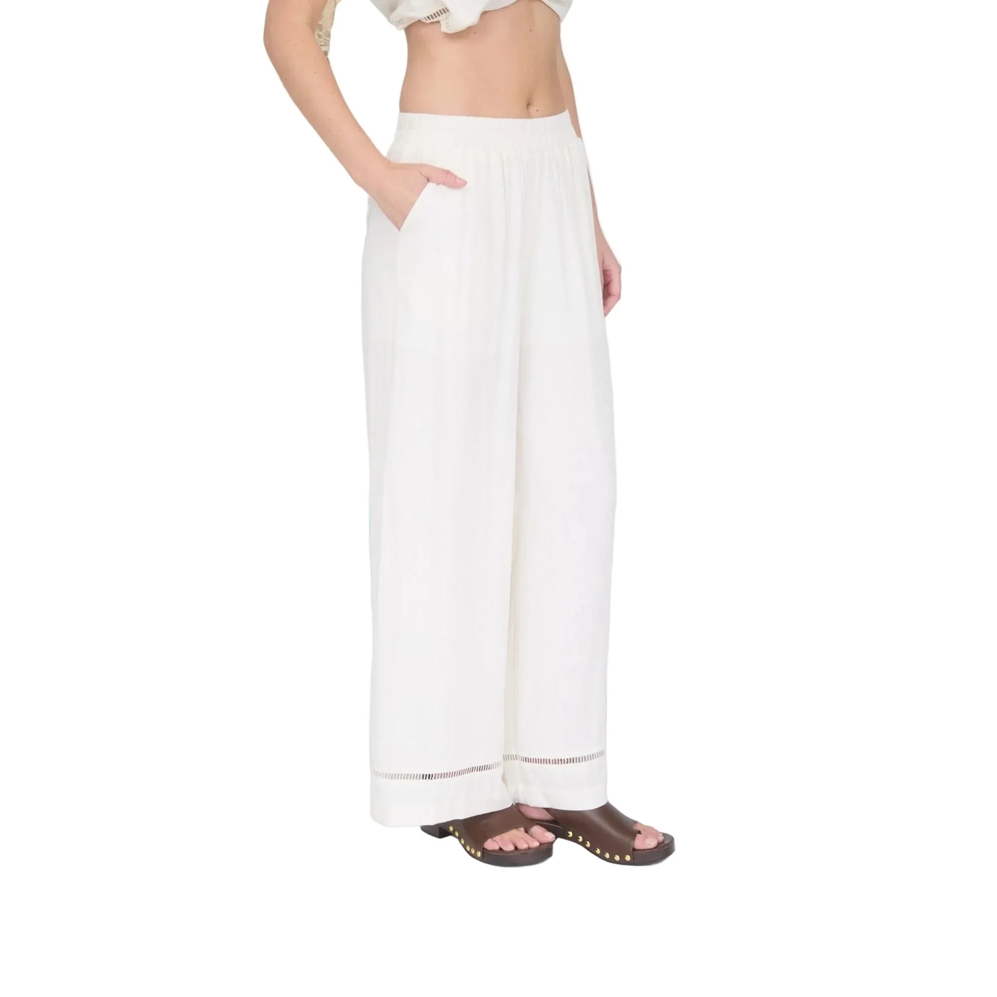 Women's Natural Ladder Lace Trim Wide Leg Linen Pants B6SX1024-B