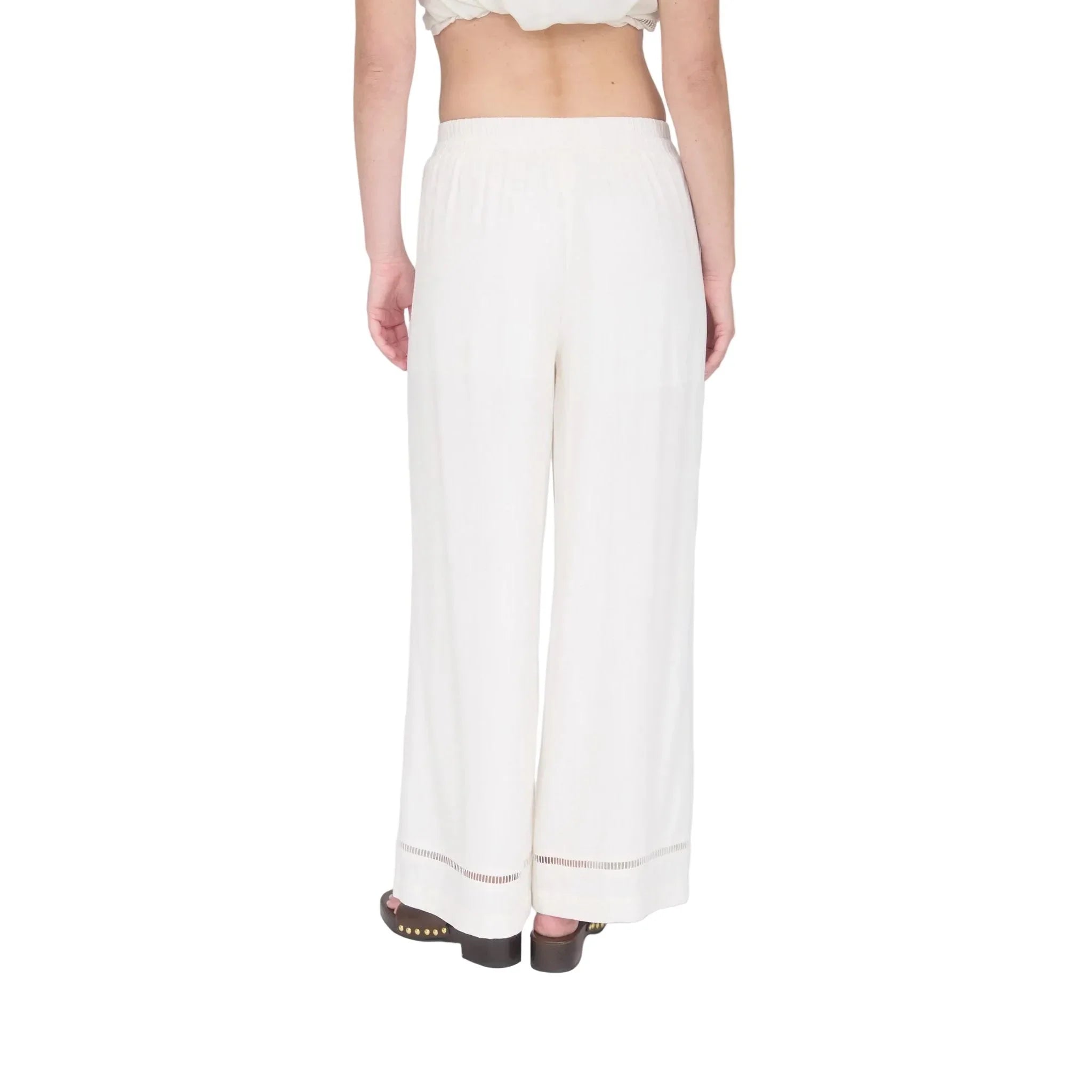 Women's Natural Ladder Lace Trim Wide Leg Linen Pants B6SX1024-B