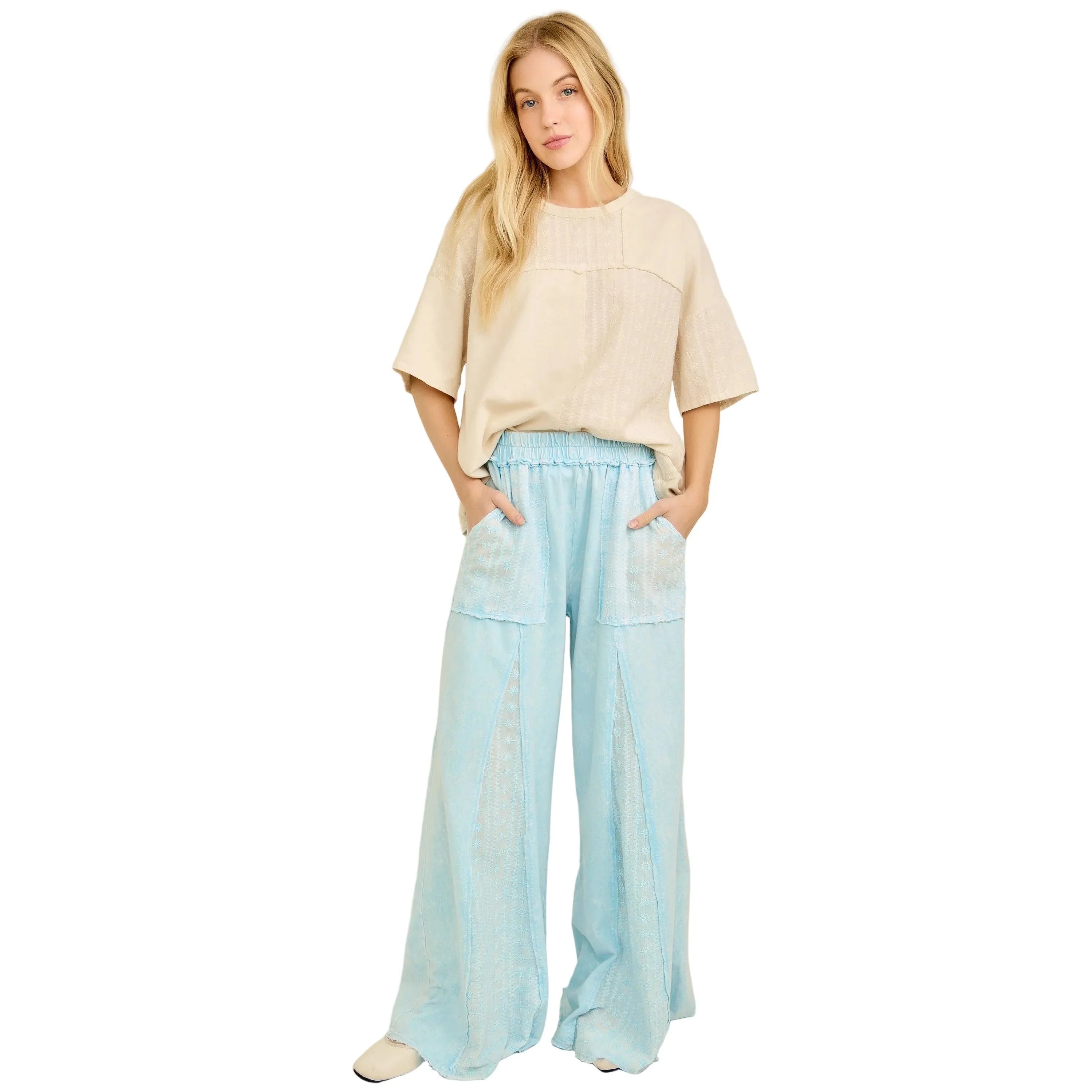 Women's Natural Mineral Washed Eyelet Block Tshirt Top HT7081