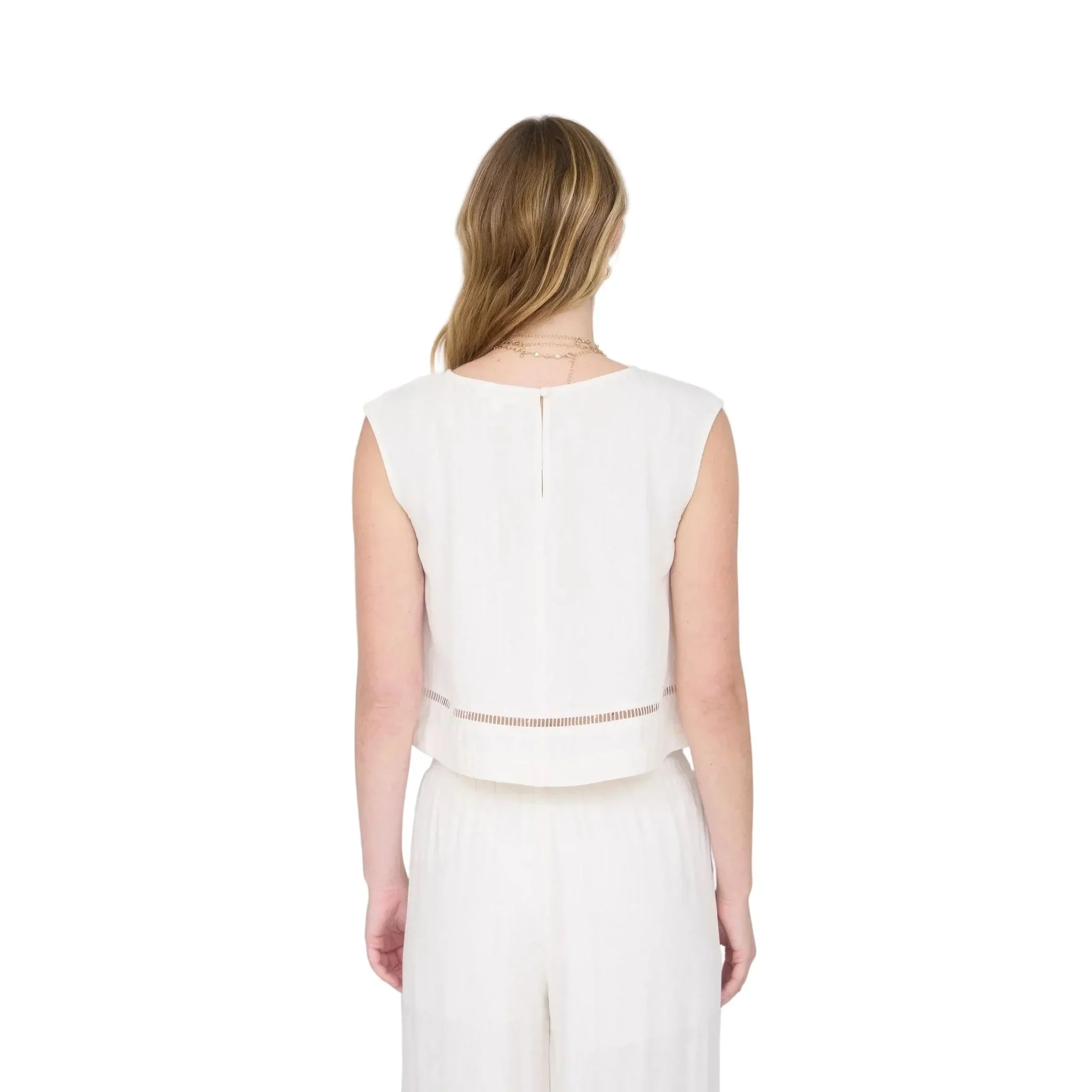 Women's Natural Sleeveless Ladder Lace Trim Linen Crop Top B6SX1024-T