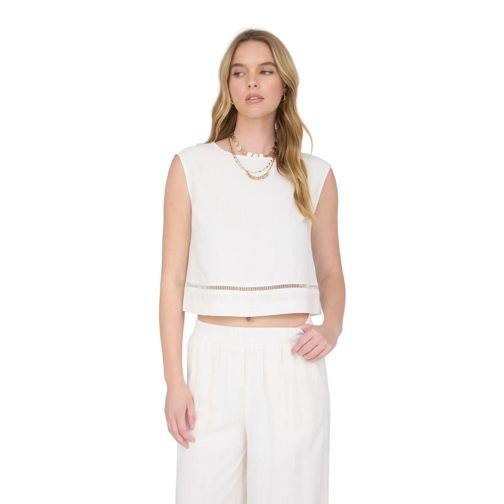 Women's Natural Sleeveless Ladder Lace Trim Linen Crop Top B6SX1024-T