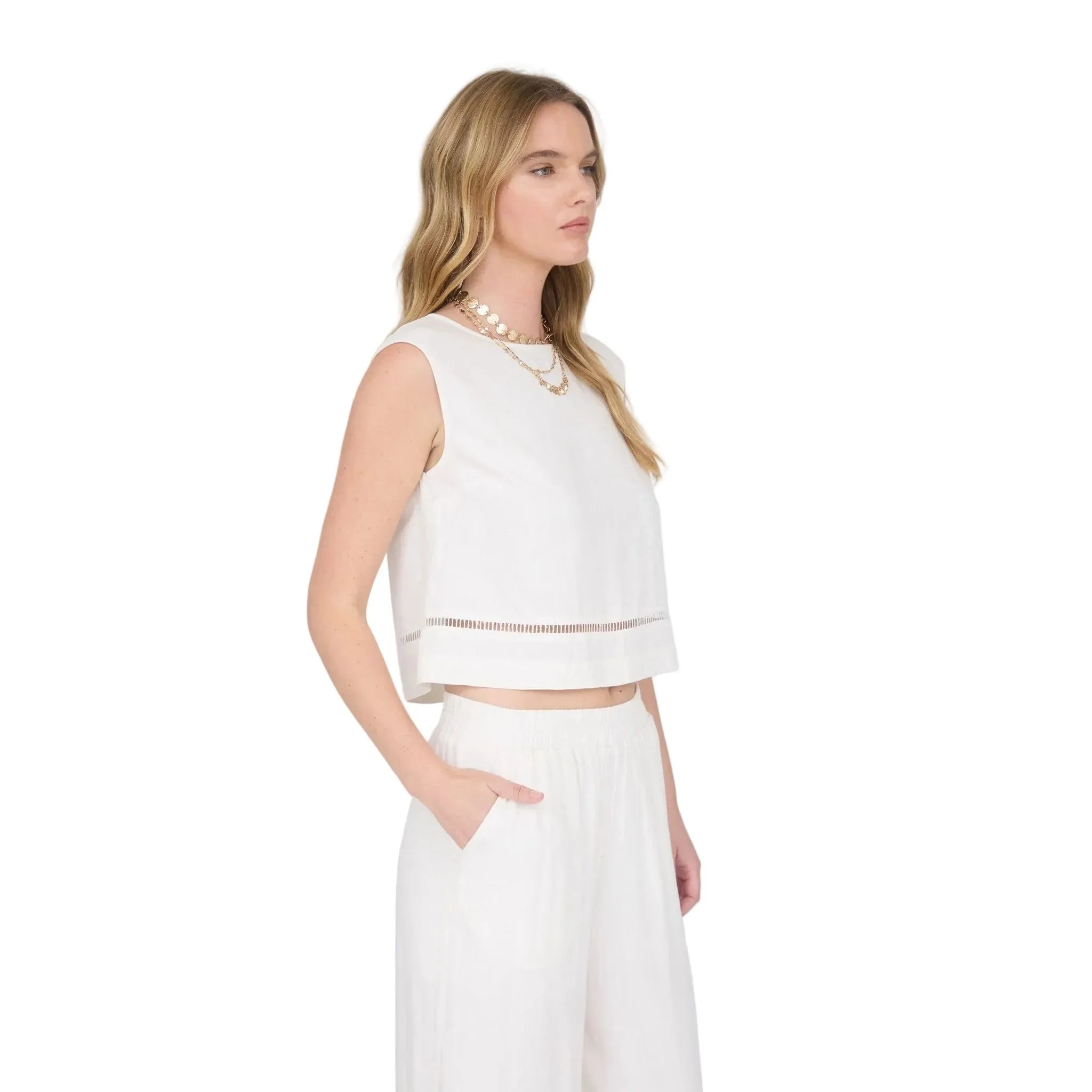 Women's Natural Sleeveless Ladder Lace Trim Linen Crop Top B6SX1024-T