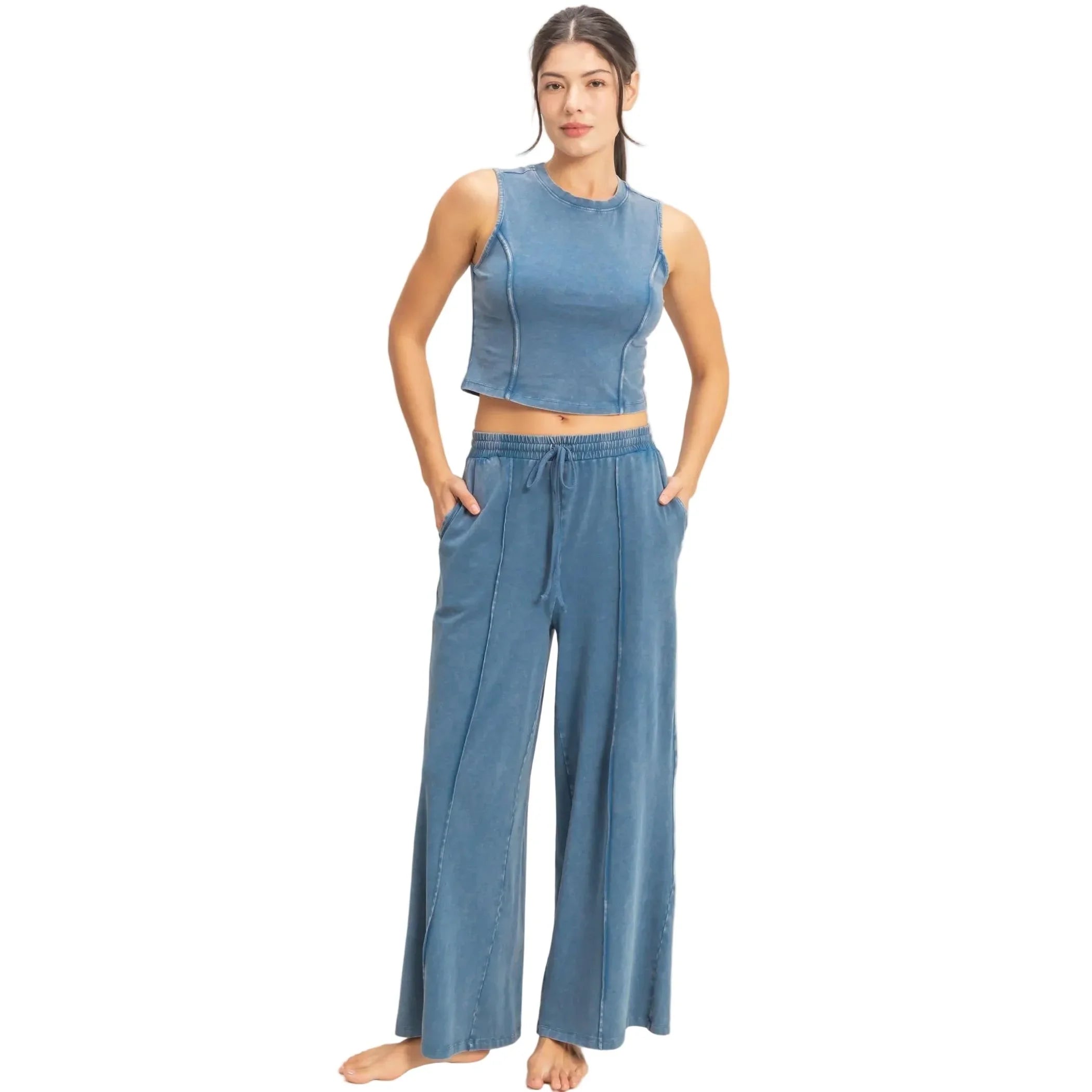 Women's Navy Mineral Washed Sleeveless Top & Wide Leg Pants Set DZ26A371-SET