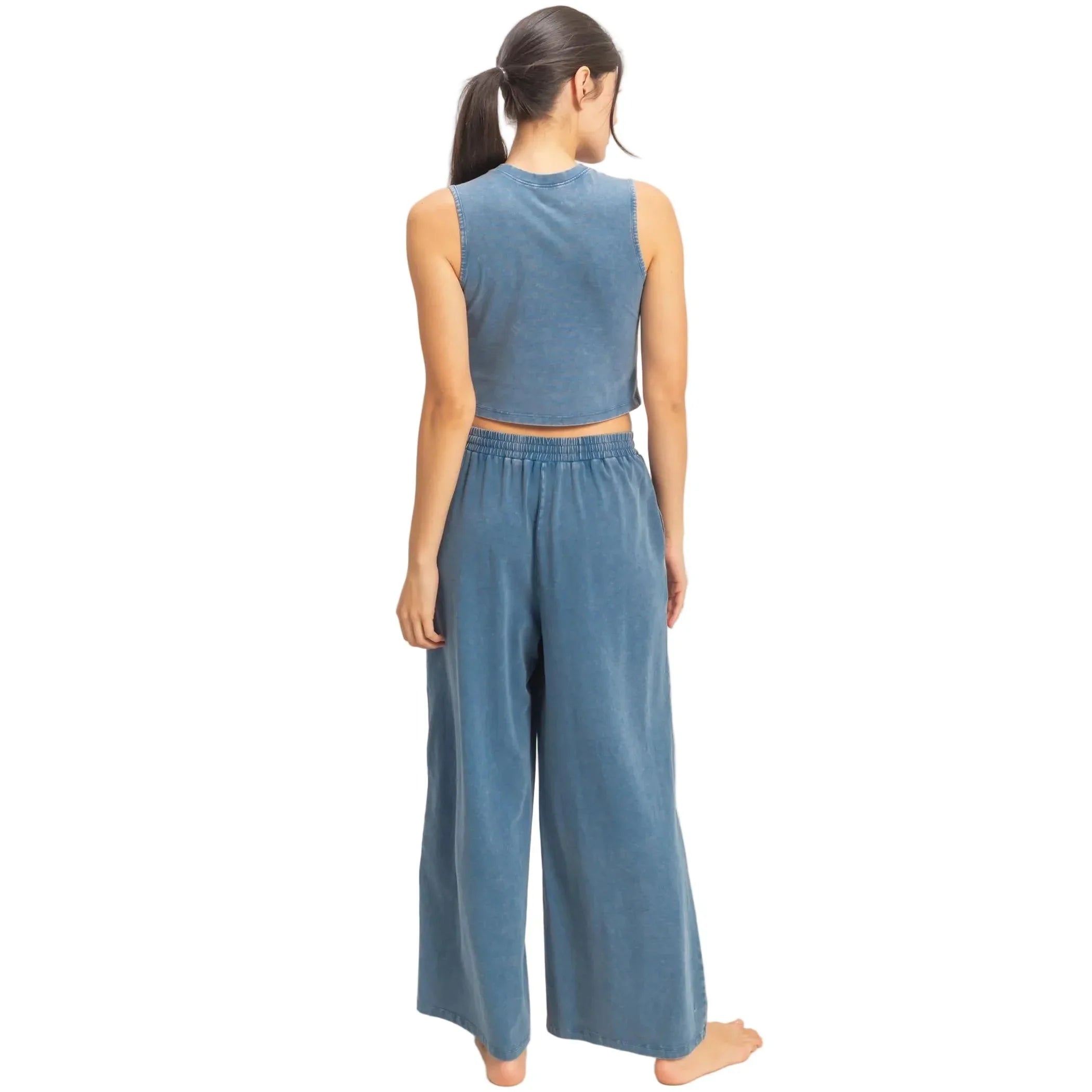 Women's Navy Mineral Washed Sleeveless Top & Wide Leg Pants Set DZ26A371-SET