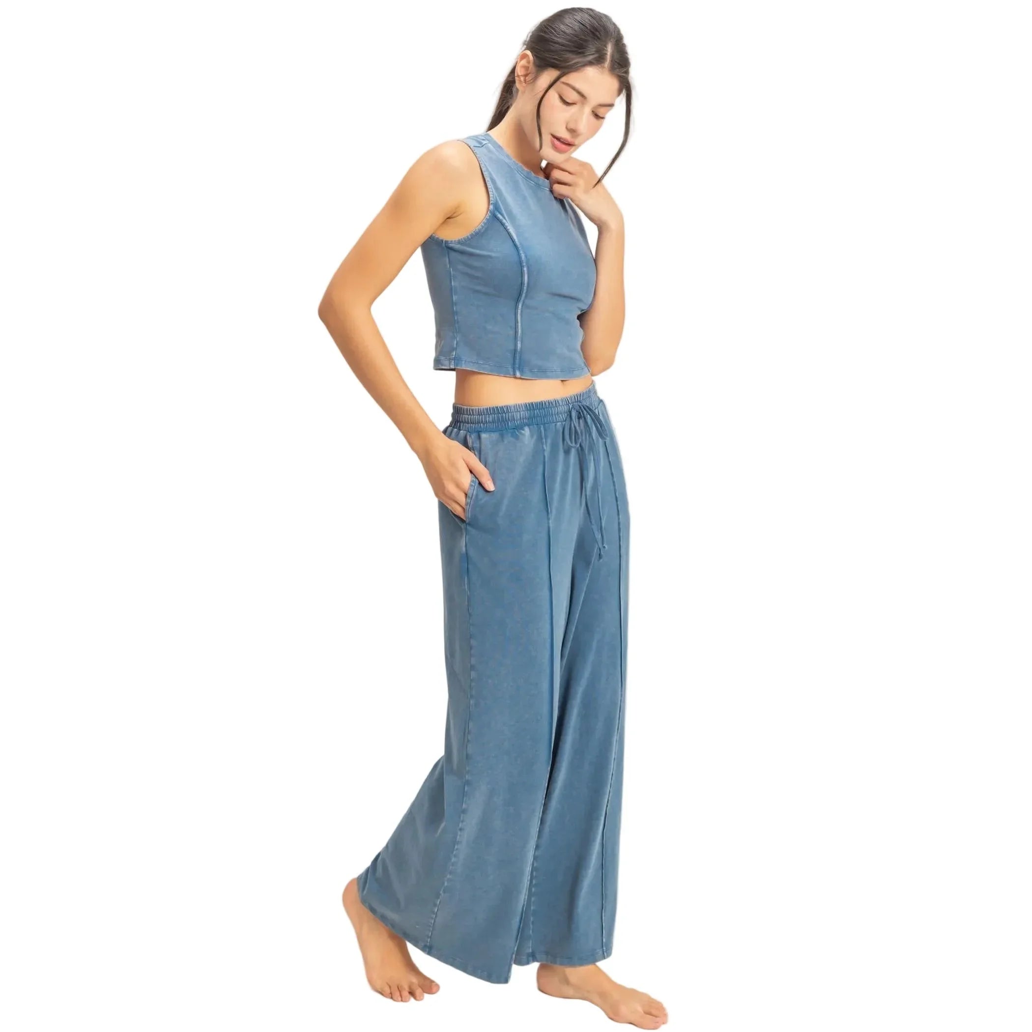 Women's Navy Mineral Washed Sleeveless Top & Wide Leg Pants Set DZ26A371-SET